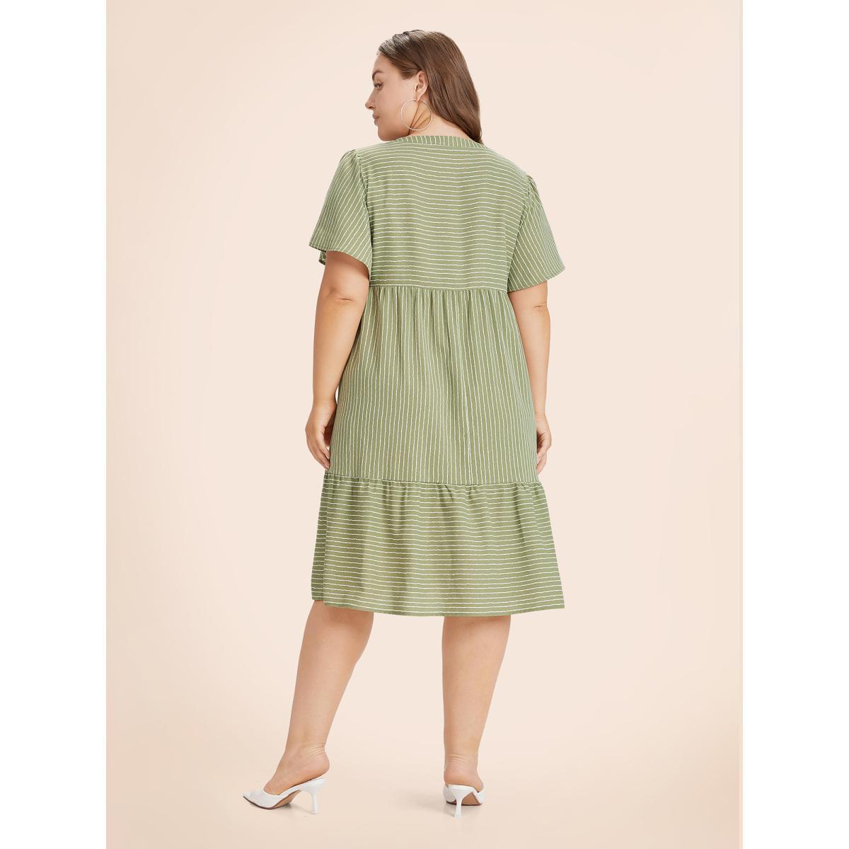 Plus Size Striped Patchwork Notched Flutter Layered Babydoll Dress Moss Women Office Gathered Notched collar Short sleeve Curvy Midi Dress BloomChic 14-16/1X Product Image