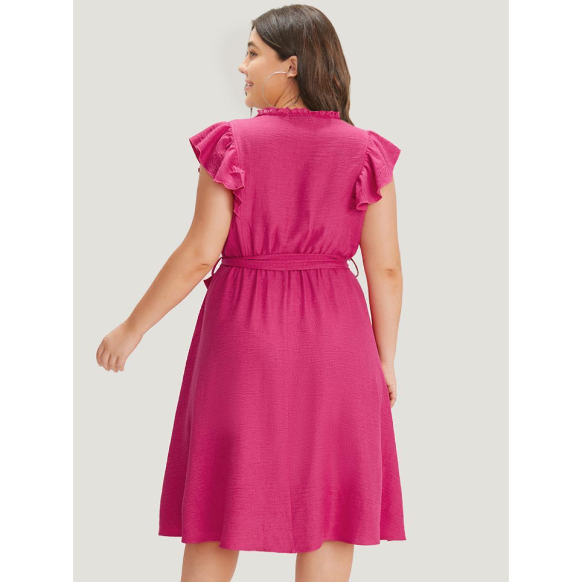 Plus Size Solid Pocket Lace Insert Pleated Flutter Sleeve Dress RedViolet Women Office Gathered Round Neck Sleeveless Curvy Knee Dress BloomChic 30/6X Product Image