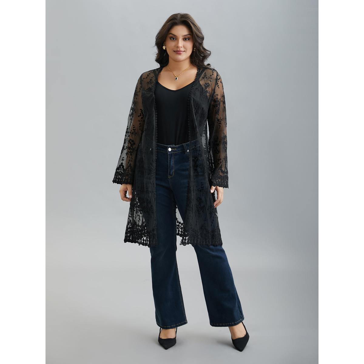 Plus Size Lace Embroidered Sheer Open-Front Kimono Women Black Elegant Woven ribbon&lace trim Loose Everyday Kimonos BloomChic 18-20/2X Product Image