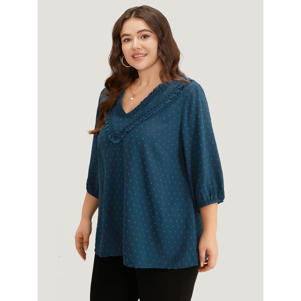 Plus Size Indigo Polka Dot Frill Trim Lantern Sleeve Blouse Women Elegant Elbow-length sleeve V-neck Dailywear Blouses BloomChic 30/6X Product Image