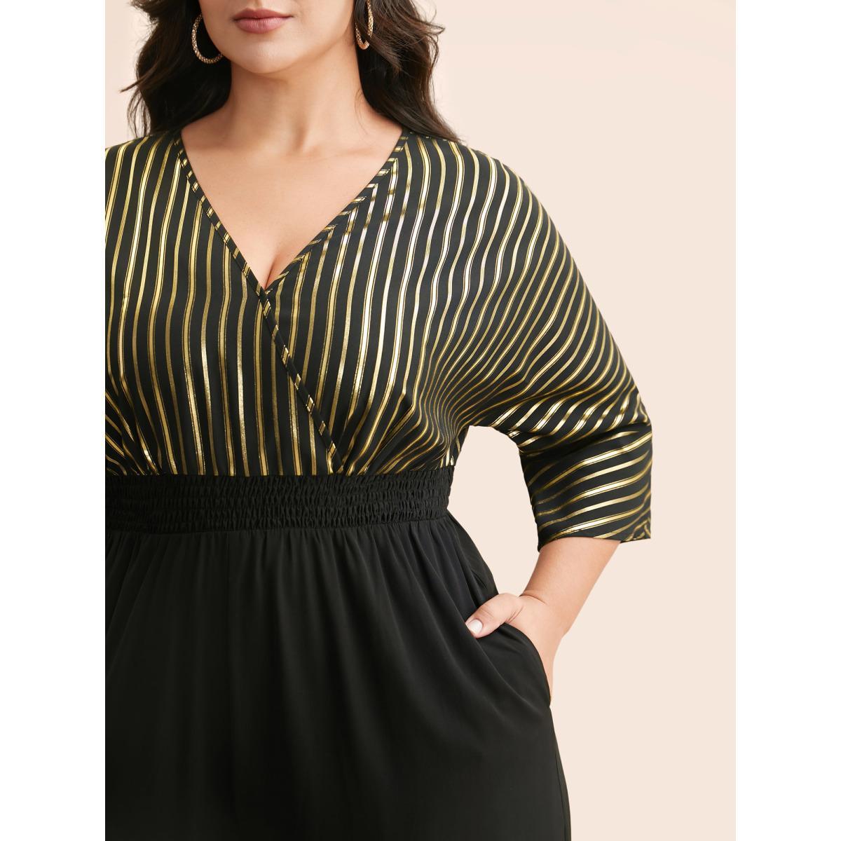 Plus Size Black Glitter Striped Patchwork Shirred Jumpsuit Women Cocktail Elbow-length sleeve Overlap Collar Party Loose Jumpsuits BloomChic 10/M Product Image