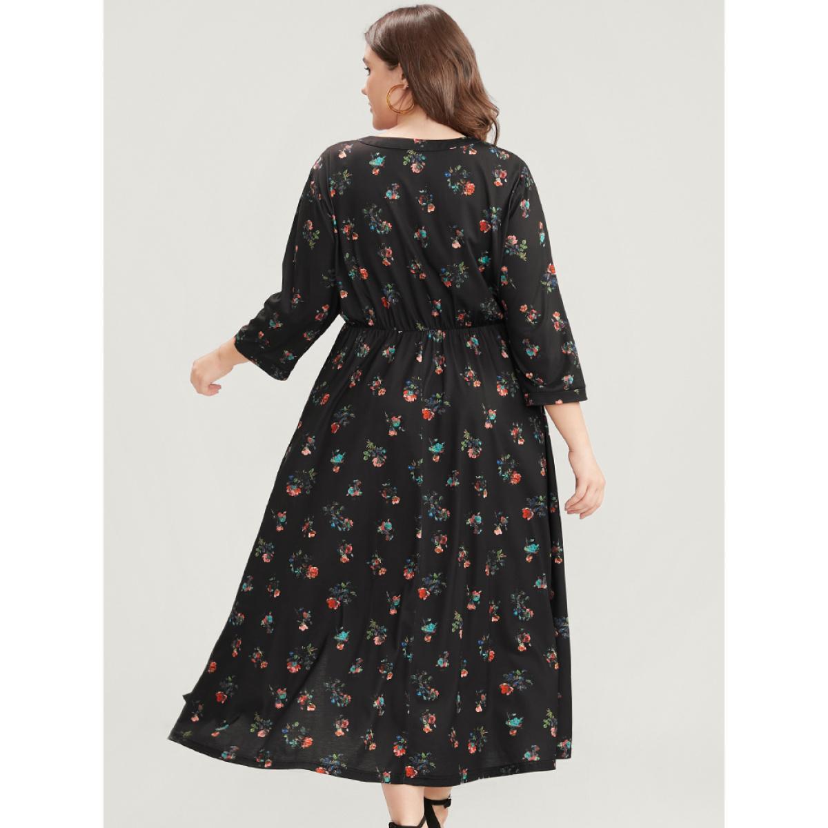 Plus Size Ditsy Floral Button Up Pocket Split Hem Dress BlackFlower Women Elegant Slit V-neck Curvy Midi Dress BloomChic 26/4X Product Image