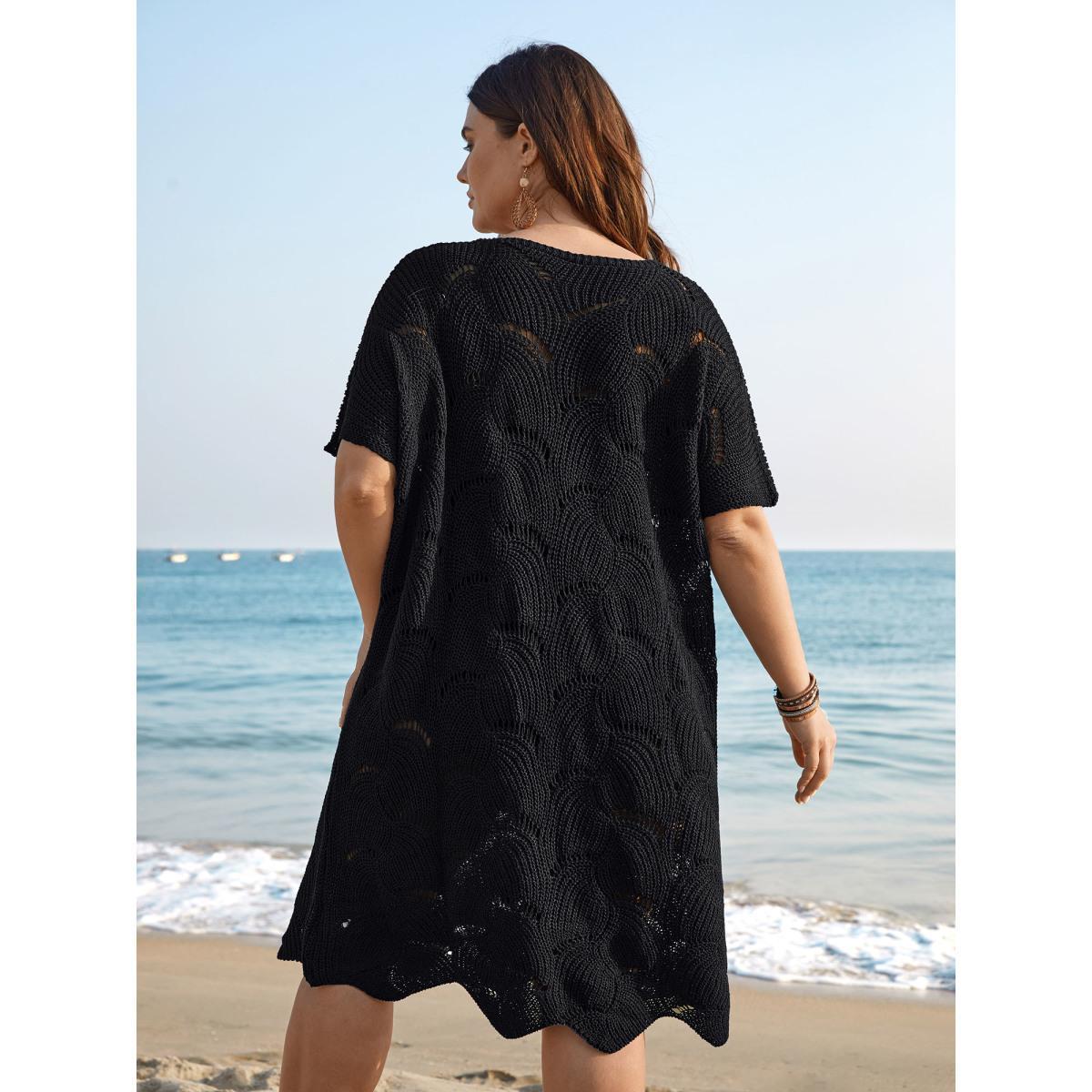 Plus Size Cut-Out Solid V-Neck Swimsuit Coverup Women's Swimwear Black Beach Loose Texture Curve Swim Cover Ups BloomChic 26/4X Product Image