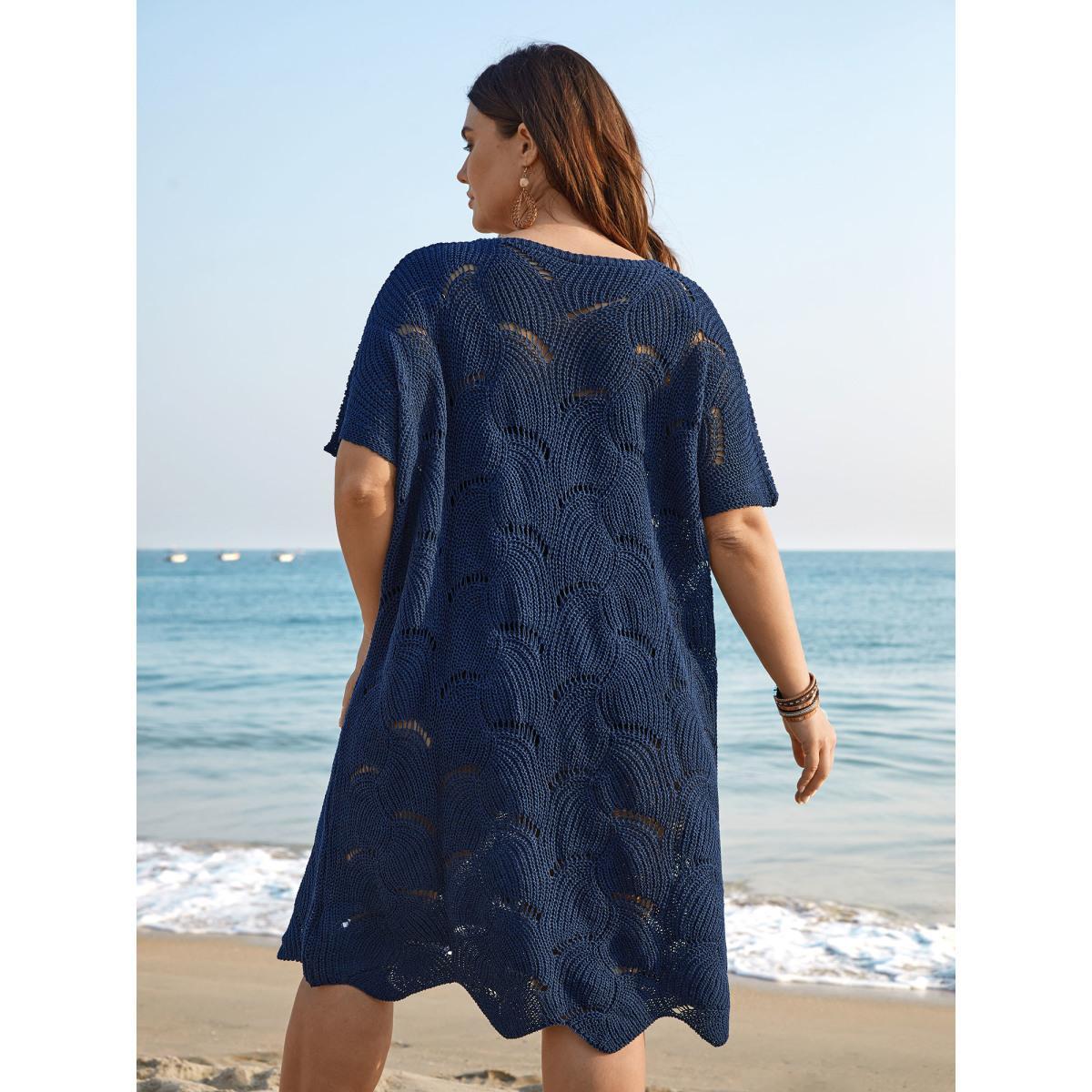 Plus Size Cut-Out Solid V-Neck Swimsuit Coverup Women's Swimwear Indigo Beach Loose Texture Curve Swim Cover Ups BloomChic 22-24/3X Product Image
