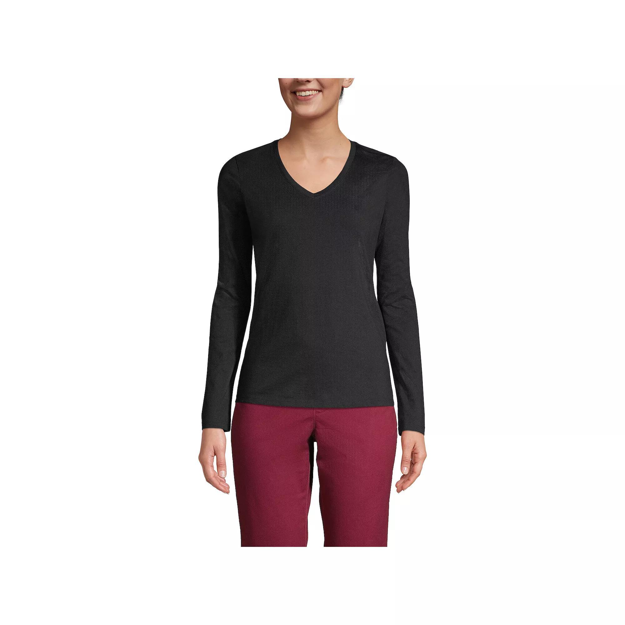 Women's Lands' End Relaxed-Fit Supima Long Sleeve Cotton V-Neck Tee, Size: Large, Black Product Image