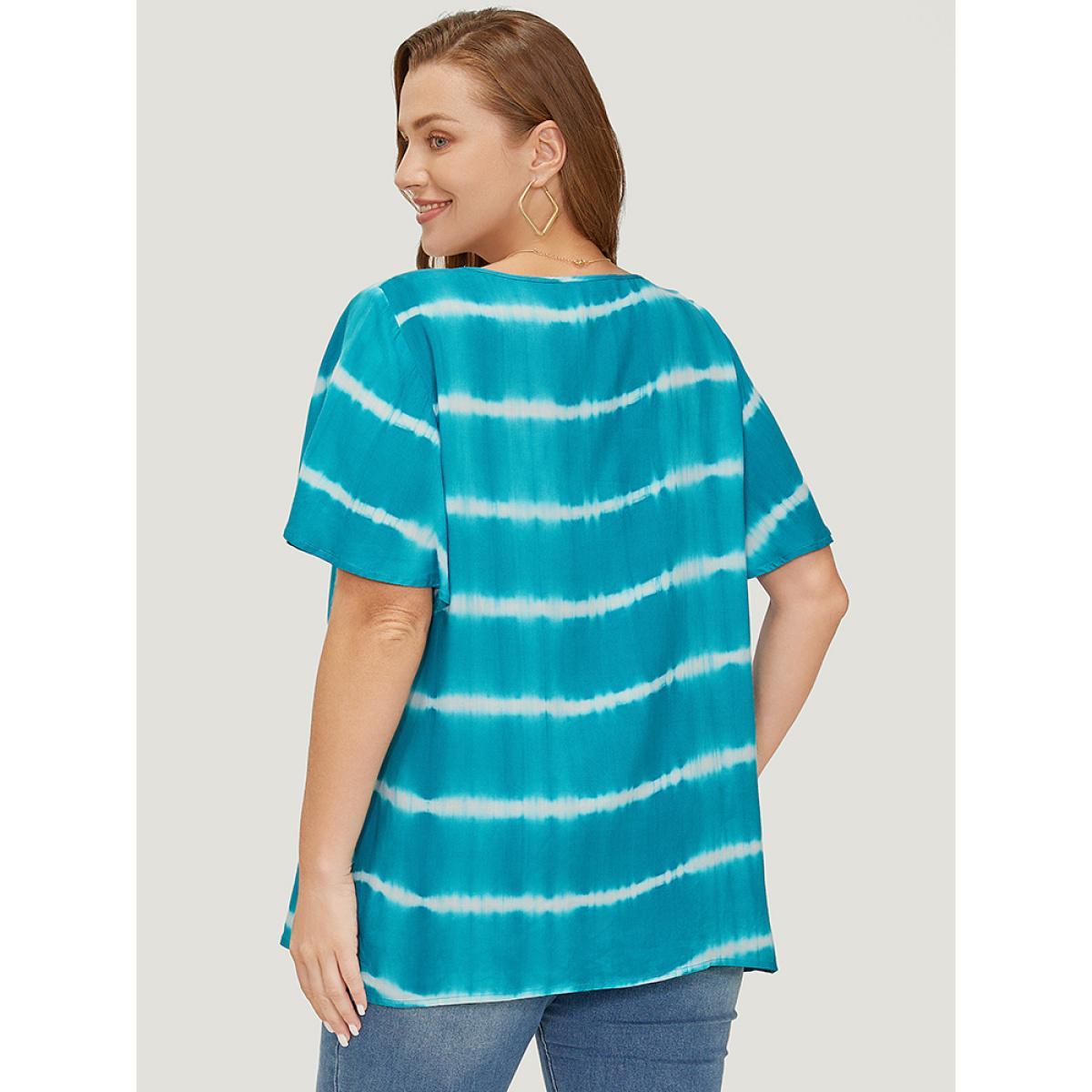 Plus Size Cerulean Tie Dye Contrast Trim Striped Blouse Women Vacation Short sleeve V-neck Dailywear Blouses BloomChic 30/6X Product Image