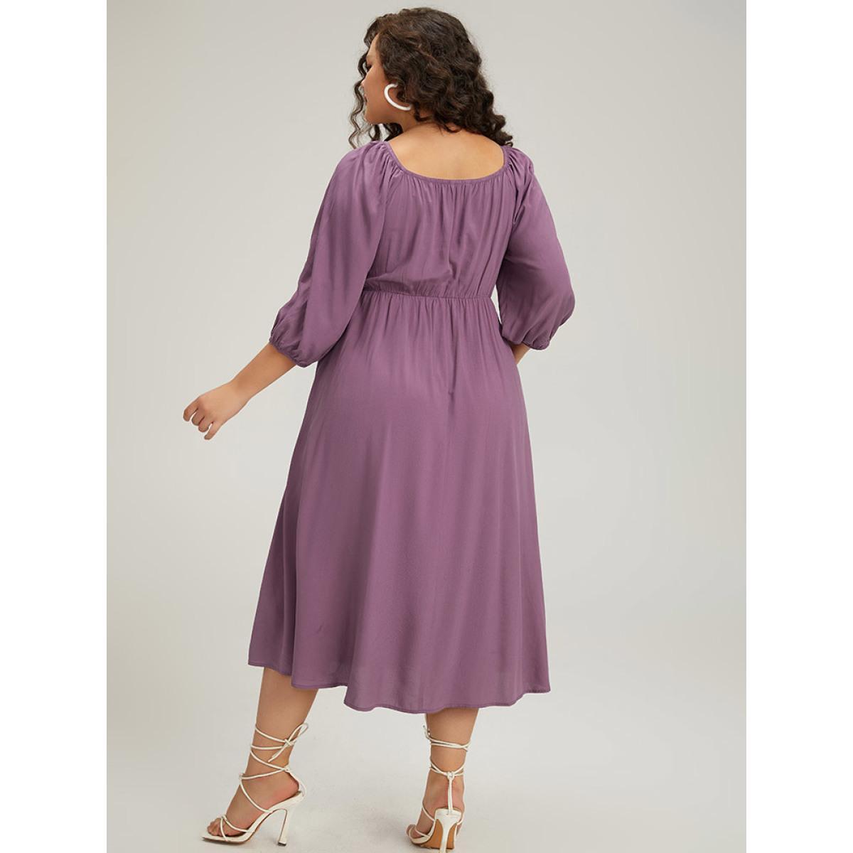 Plus Size Plain Shirred Square Neck Elastic Cuffs Dress Mauve Women Elegant Elastic cuffs Square Neck Elbow-length sleeve Curvy Midi Dress BloomChic 26/4X Product Image