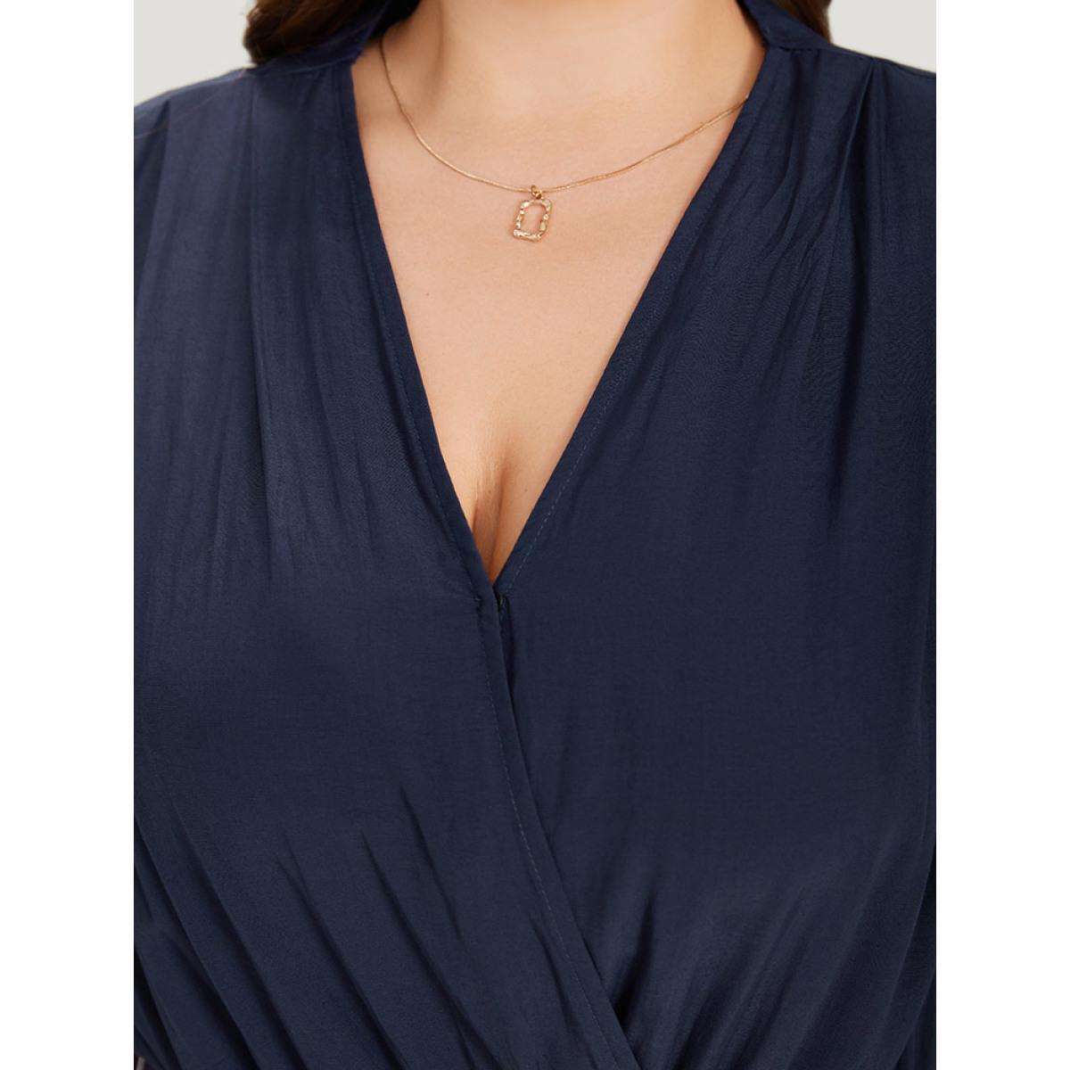 Plus Size Solid Overlap Collar Pleated Bodysuit Women Indigo Plain Wrap Bodysuits BloomChic 10/M Product Image