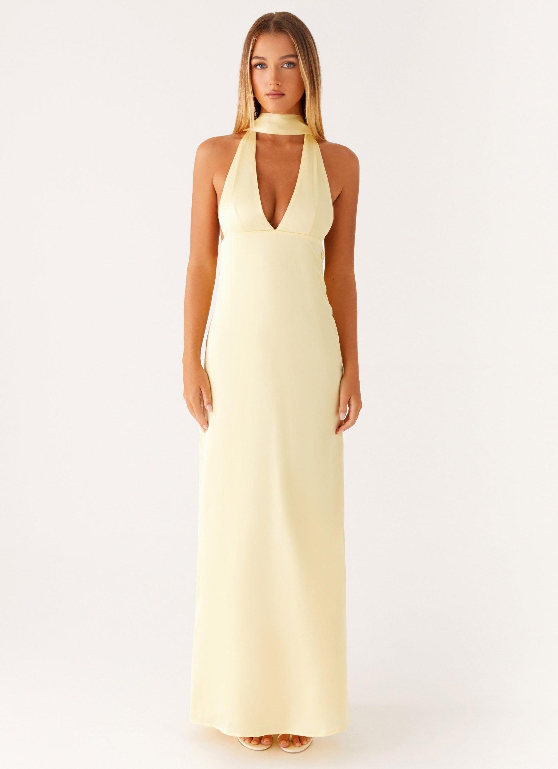 Alicia Satin Halter Maxi Dress - Yellow Product Image