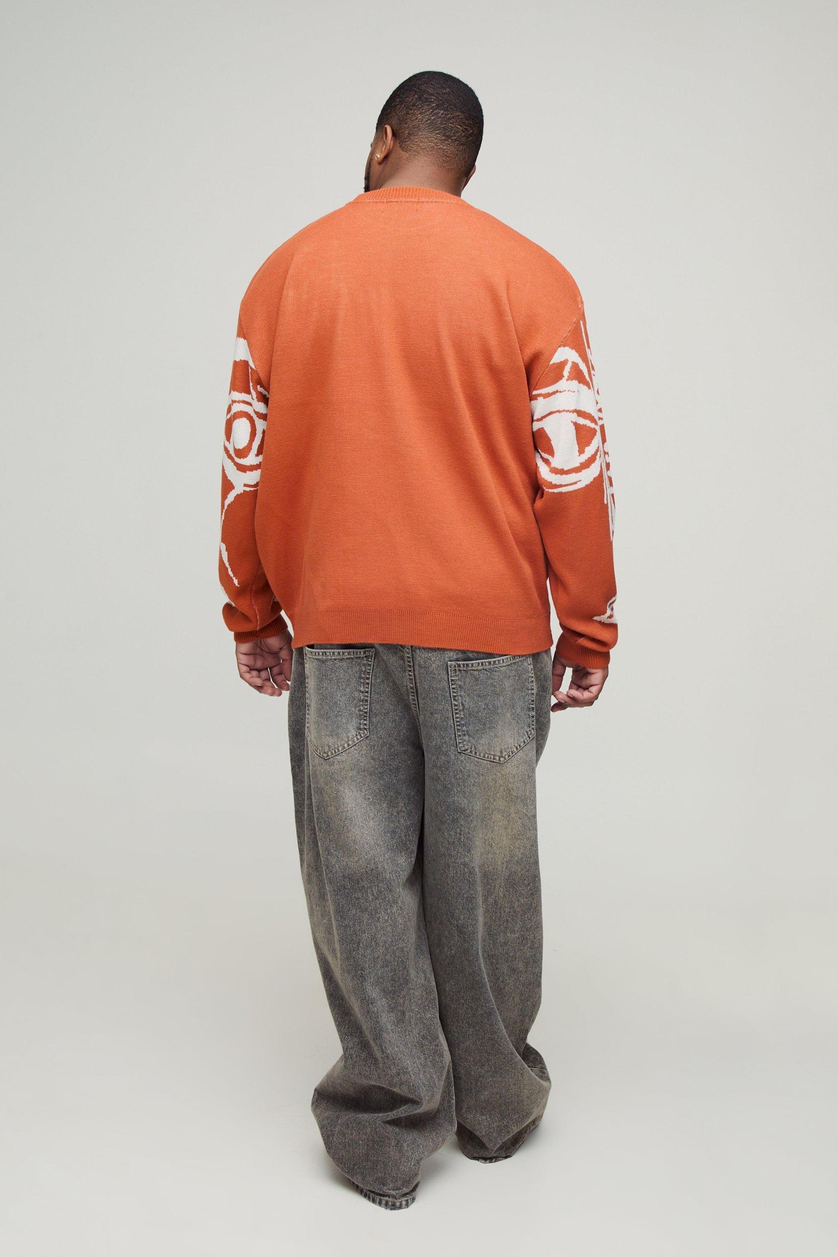 Plus Oversized Boxy Abstract Line Face Knitted Sweater | boohooMAN USA Product Image