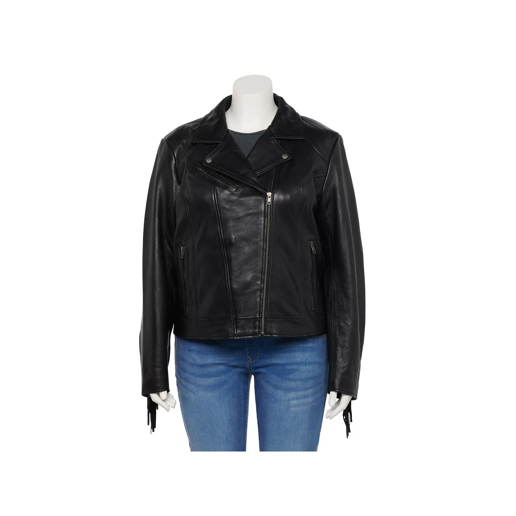 Plus Size Whet Blu Daisy Fringe Asymmetrical Leather Jacket, Womens Product Image