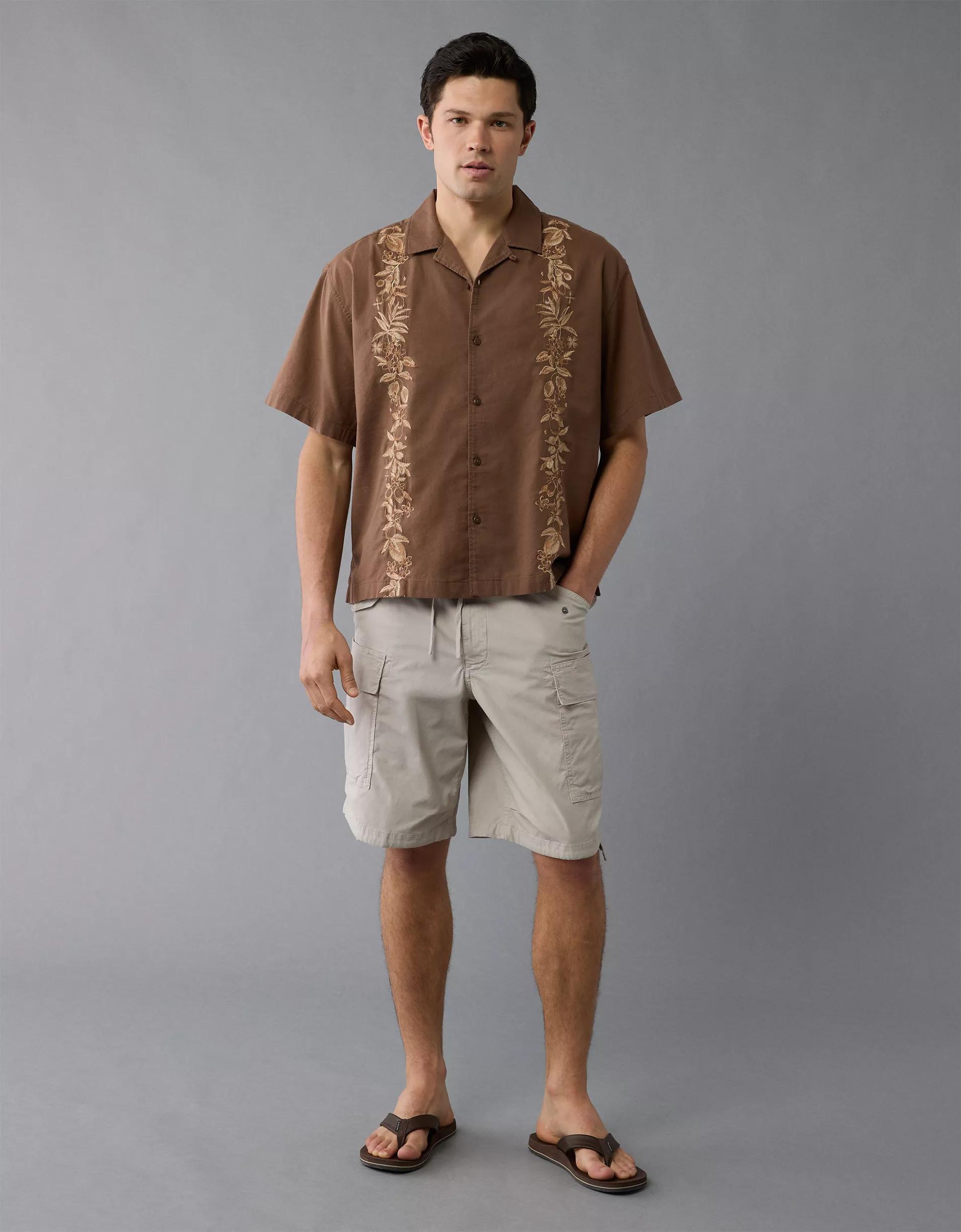 AE Poolside Linen-Blend Embroidered Button-Up Shirt Product Image