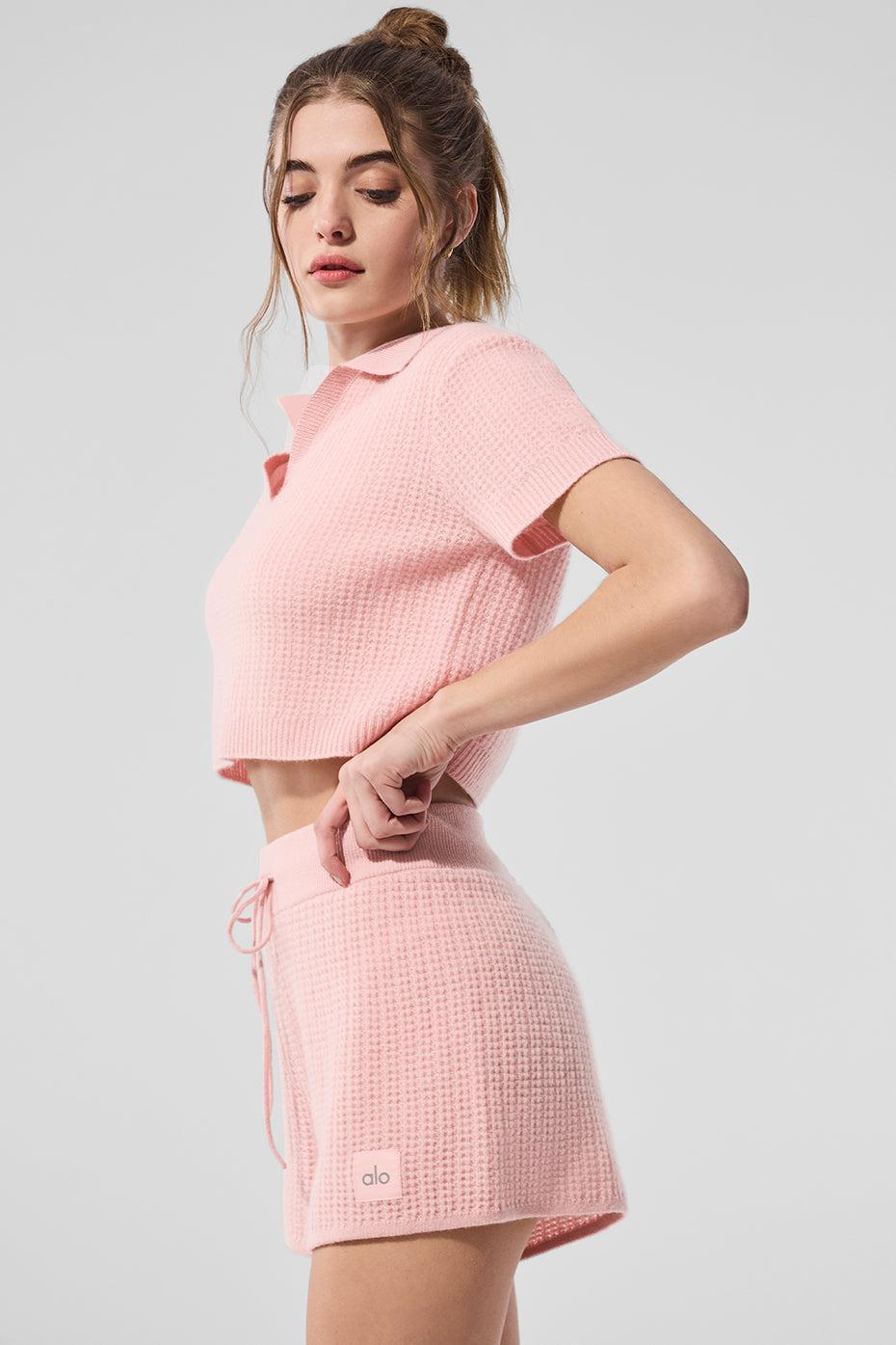 Cashmere Plush Waffle Polo Tee - Pink Quartz Female Product Image