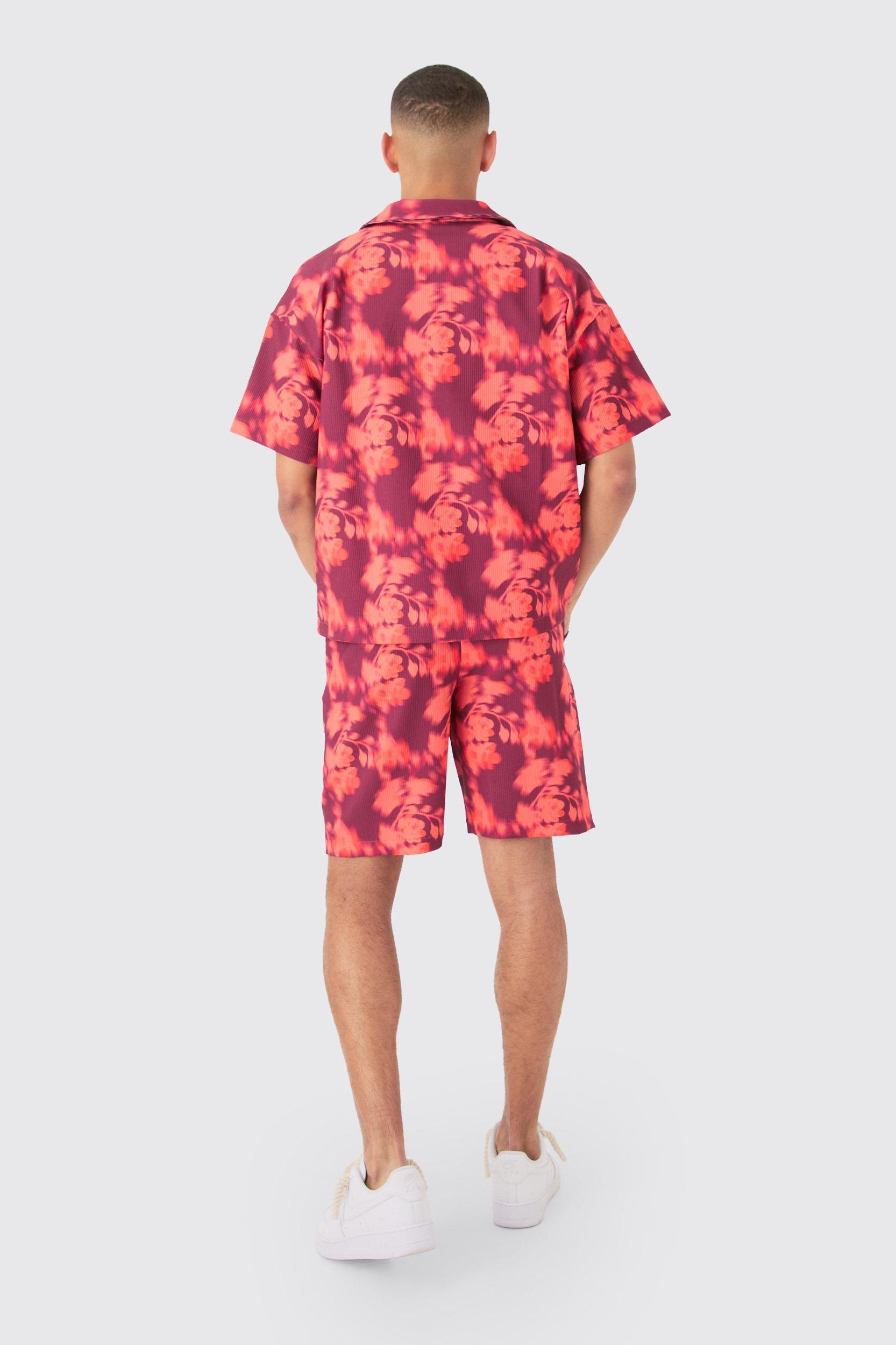 Boxy Abstract Floral Printed Pleated Shirt & Short Set | boohooMAN USA Product Image
