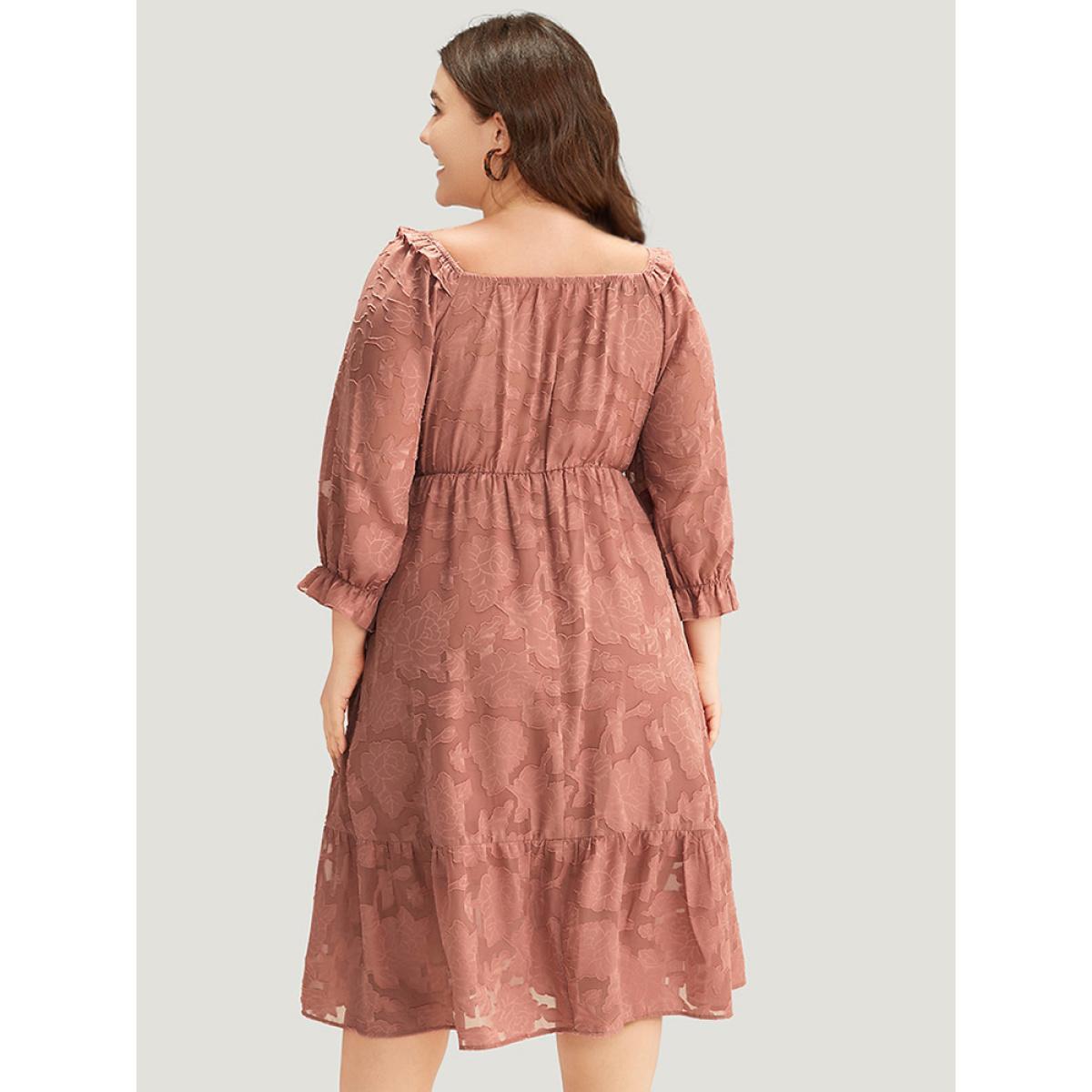 Plus Size Plain Pocket Frill Trim Lantern Sleeve Dress Watermelon Women Elegant Elastic cuffs Square Neck Elbow-length sleeve Curvy Midi Dress BloomChic 12/L Product Image