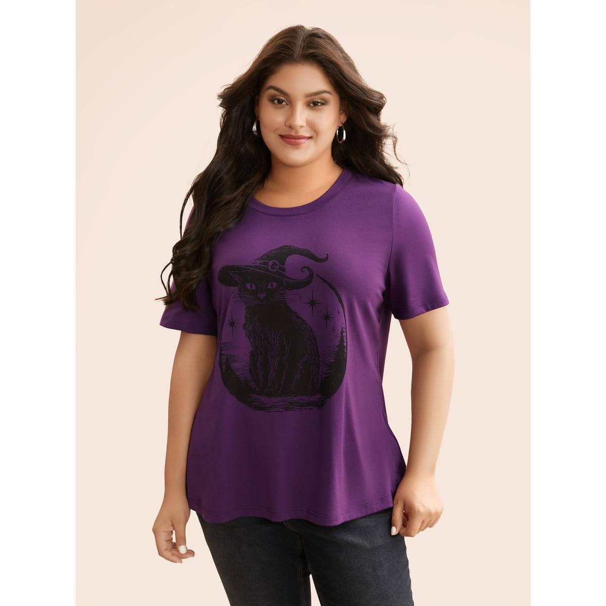 Plus Size Bewitched Cat Printed Crew Neck T-shirt Deeppurplered Women Casual Non Halloween Round Neck Everyday T-shirts BloomChic 28/5X Product Image