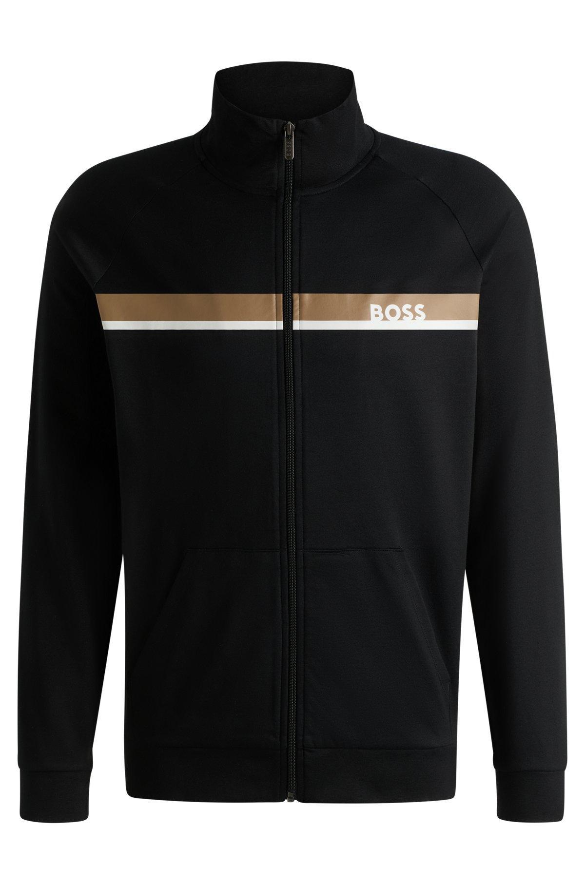 BOSS - Cotton-terry zip-up jacket with stripe print - Black Product Image