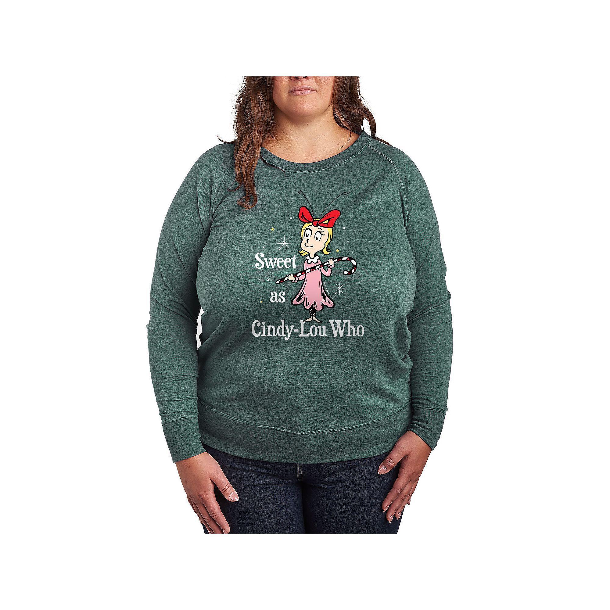 Plus Size Dr. Seuss The Grinch Cindy Lou Who French Terry Long Sleeve Tee, Womens Grey Green Product Image