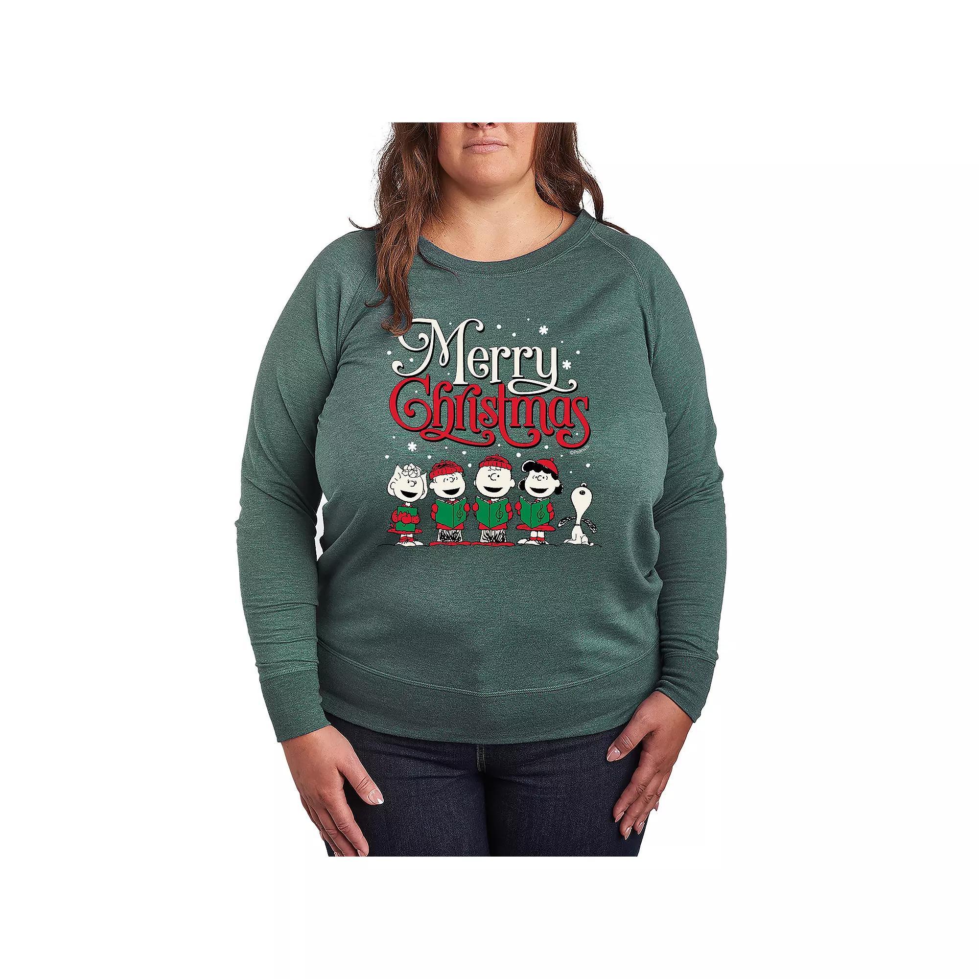 Womens Peanuts Merry Christmas Carols French Terry Long Sleeve Tee Grey Green Product Image