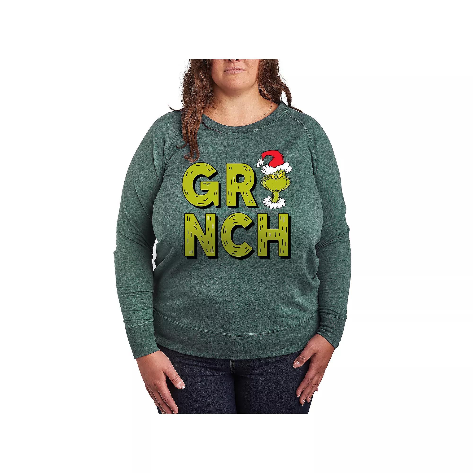 Plus Size Dr. Seuss Grinch Fur Letters French Terry Long Sleeve Tee, Womens Grey Green Product Image