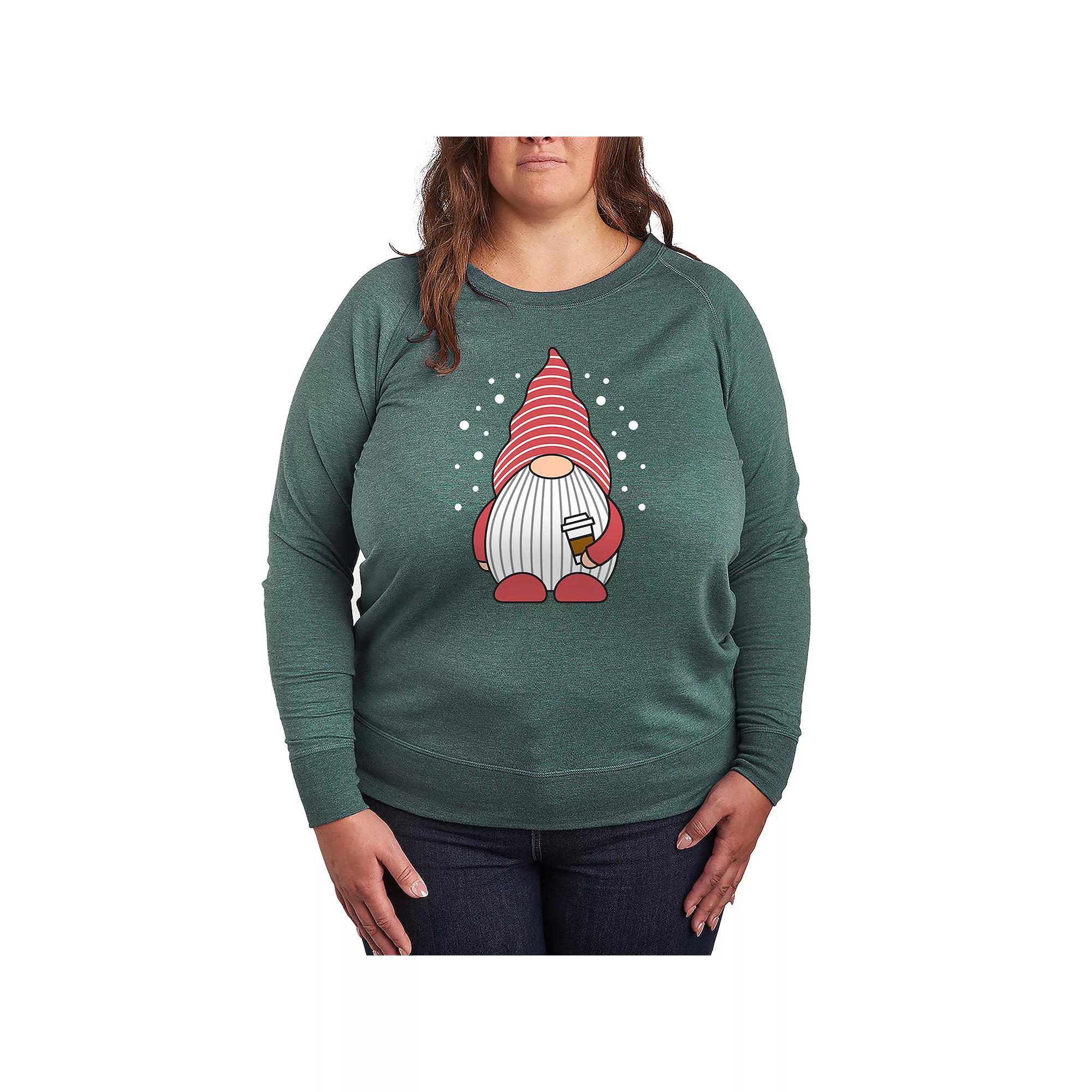 Plus Size Gnome Holding Coffee French Terry Long Sleeve Tee, Womens Grey Green Product Image