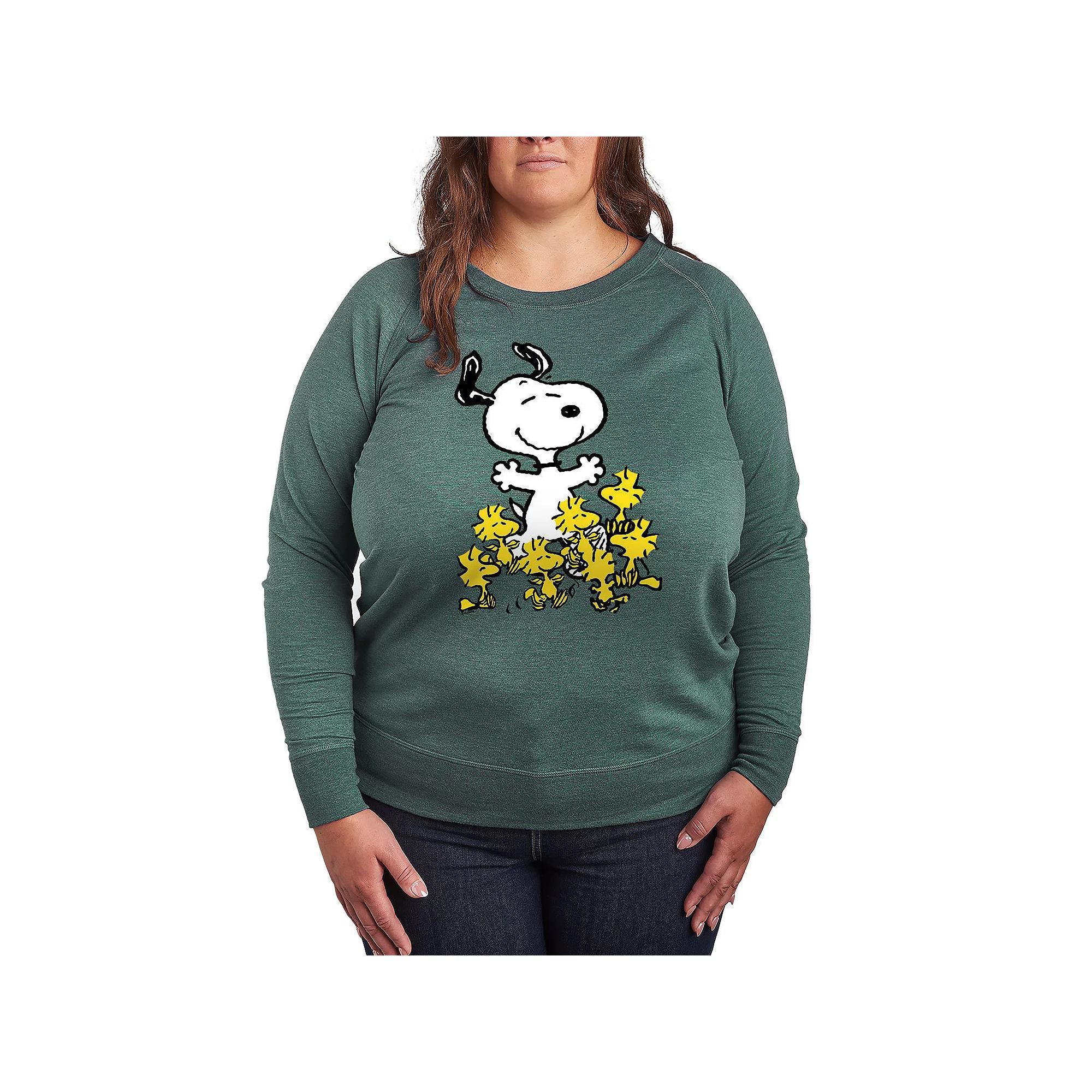 Plus Size Witch Cat With Pumpkin French Terry Long Sleeve Tee, Womens Grey Green Product Image