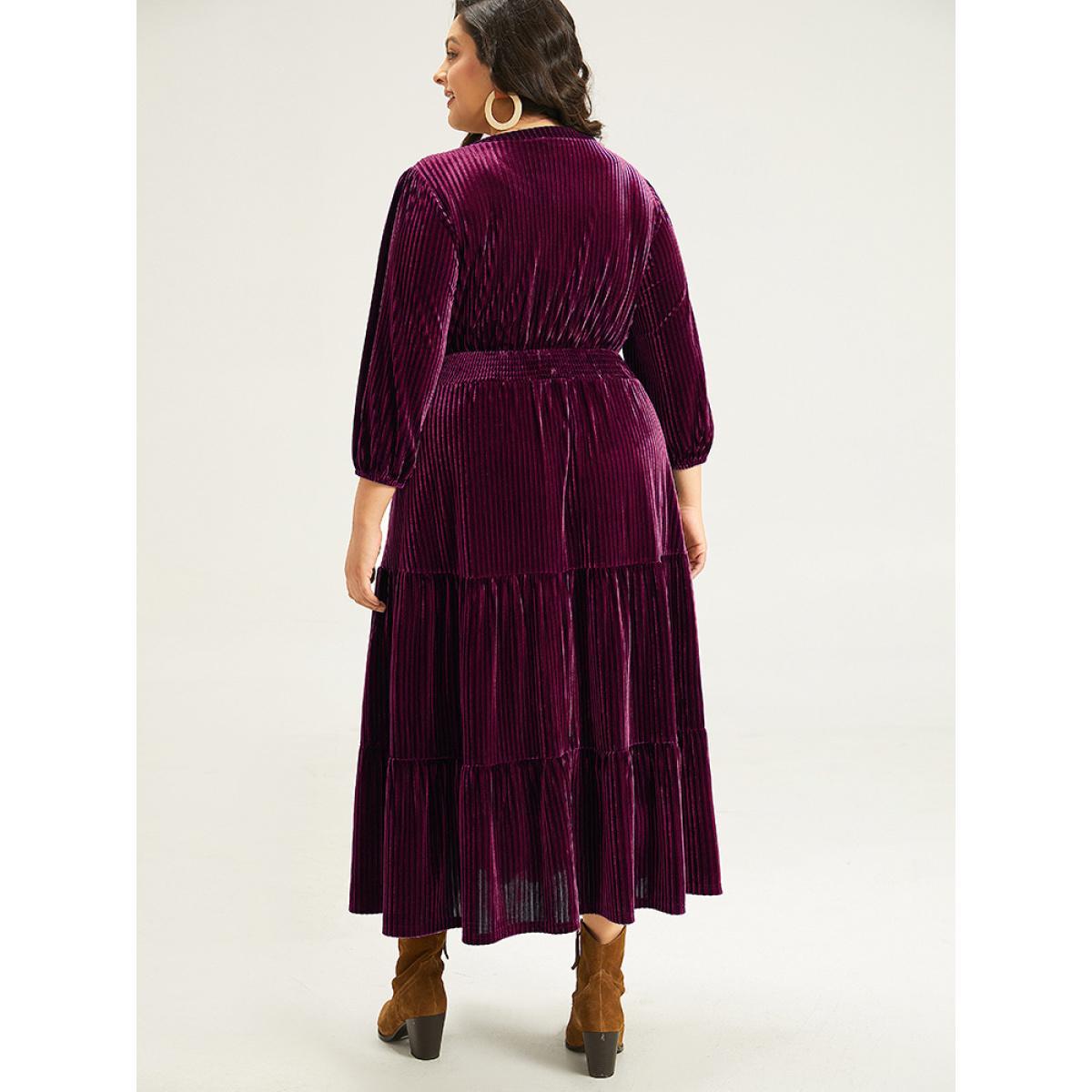 Plus Size Velvet Shirred Pocket Notched Dress Black Women Elegant Elastic cuffs Notched collar Elbow-length sleeve Curvy Midi Dress BloomChic 18-20/2X Product Image