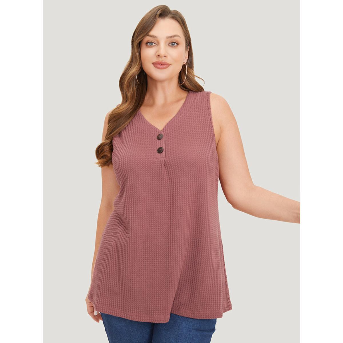 Plus Size Waffle Knit Button Detail Plicated Detail Tank Top Women DustyPink Casual V-neck Dailywear Tank Tops Camis BloomChic 12/L Product Image