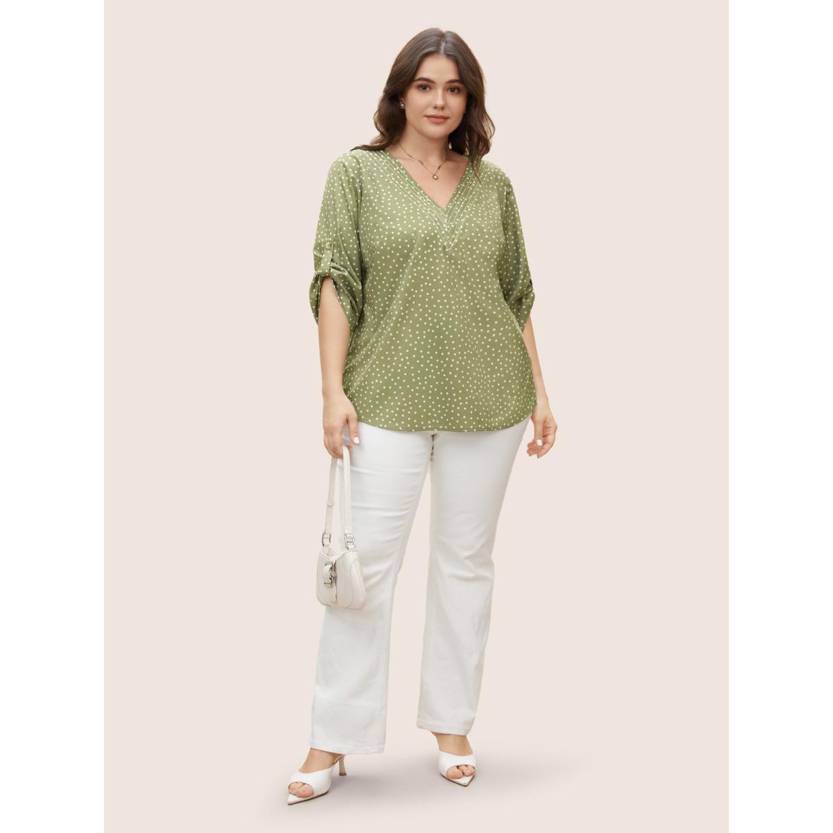 Plus Size Sage Polka Dot Button Cuff Sleeve Pleated Blouse Women At the Office Elbow-length sleeve V-neck Work Blouses BloomChic 30/6X Product Image
