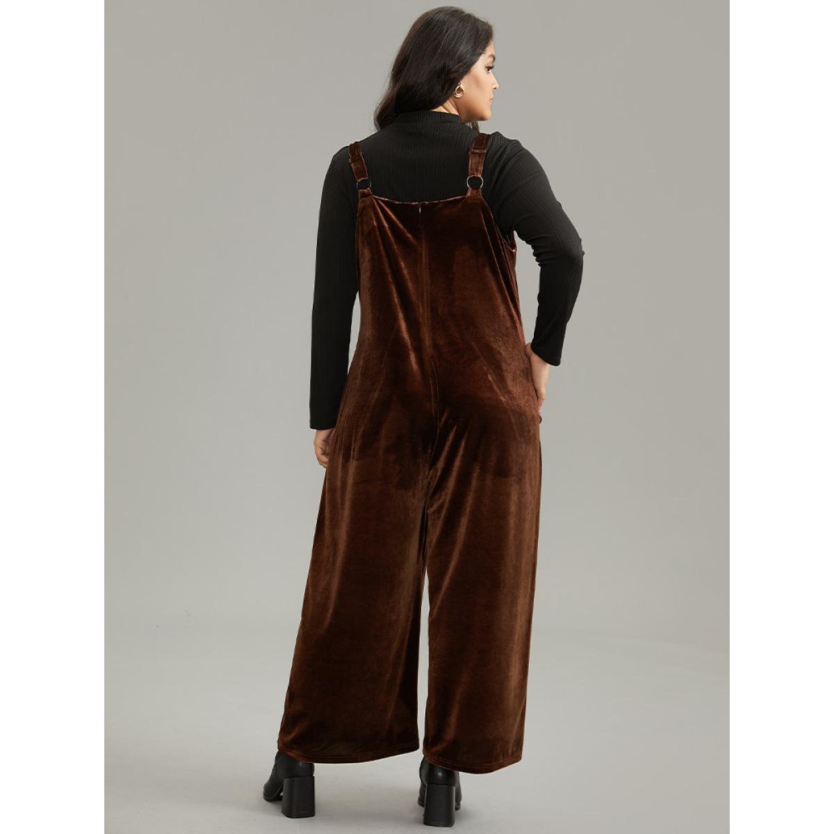 Plus Size Chocolate Plain Velvet Spaghetti Strap Pocket Jumpsuit Women Casual Sleeveless Spaghetti Strap Dailywear Loose Jumpsuits BloomChic 10/M Product Image