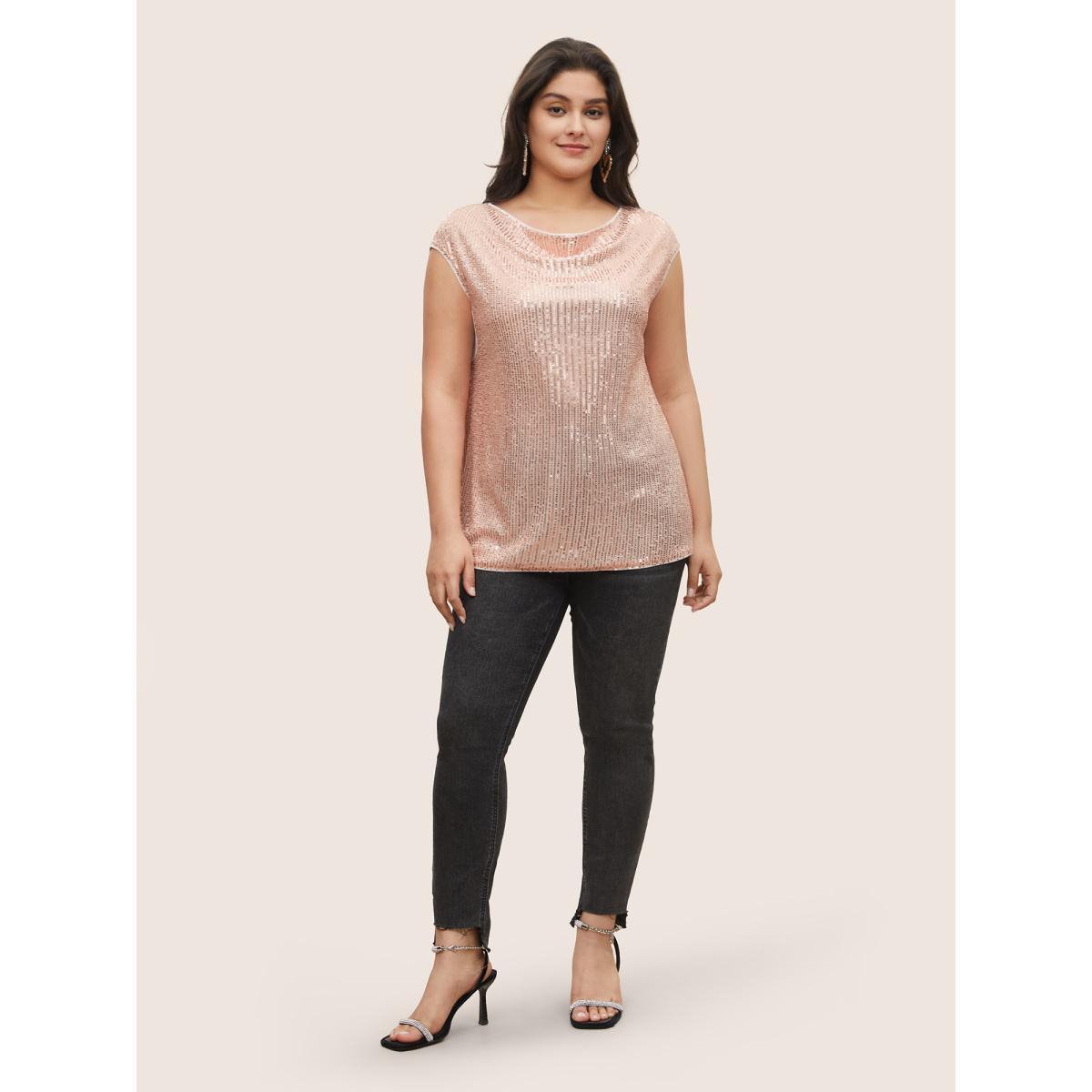 Plus Size Champagne Solid Sequin Cowl Neck Sleeveless Blouse Women Cocktail Sleeveless Cowl Neck Party Blouses BloomChic 10/M Product Image
