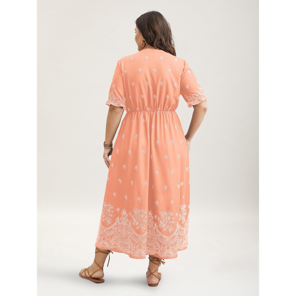 Plus Size Floral Waist-Tie Notched Collar Midi Dress Nudepink Women Resort Ruffles Notched collar Half Sleeve Curvy BloomChic 14-16/1X Product Image