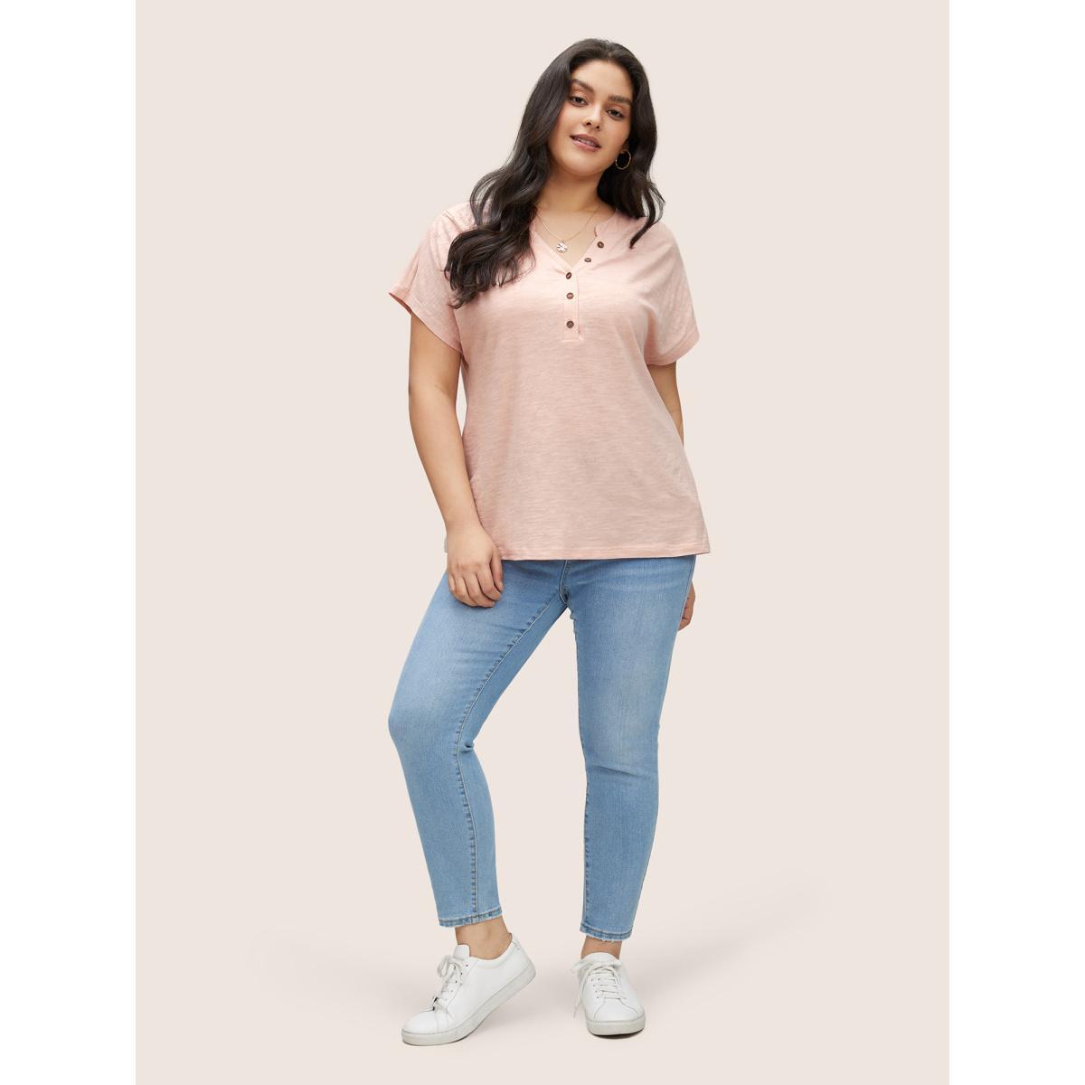 Plus Size Cotton Solid Notched Dolman Sleeve T-shirt Crepe Women Casual Non Plain Notched collar Everyday T-shirts BloomChic 22-24/3X Product Image