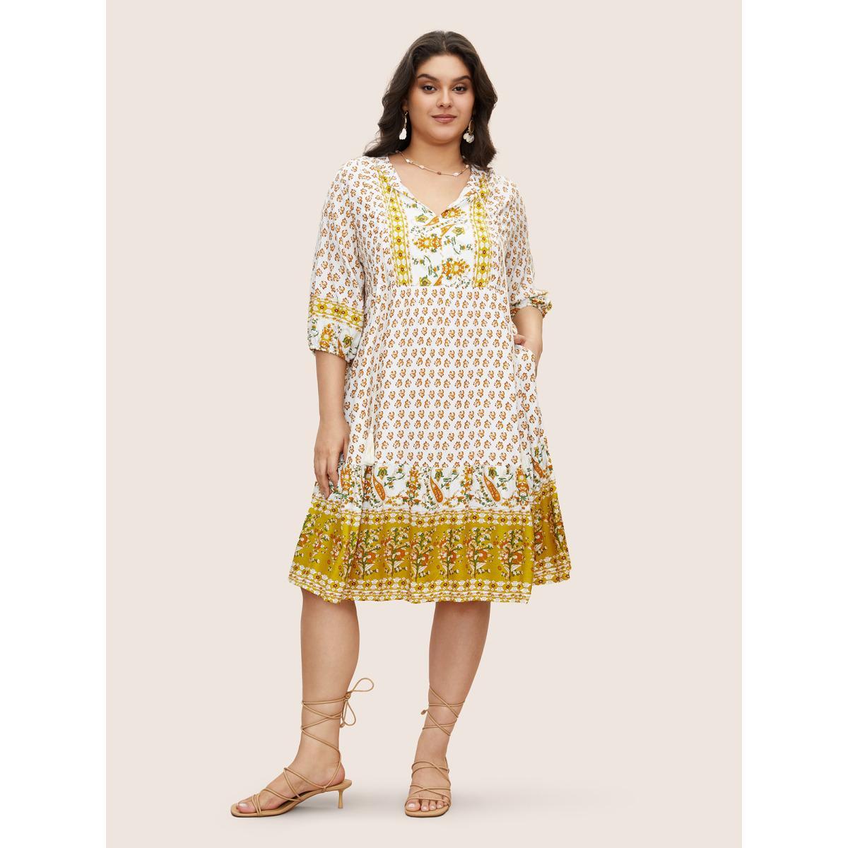 Plus Size Bandana Tassels Lantern Sleeve Ruffle Pocket Keyhole Neck Dress Yellow Women Resort V-neck Elbow-length sleeve Curvy Midi Dress BloomChic 10/M Product Image