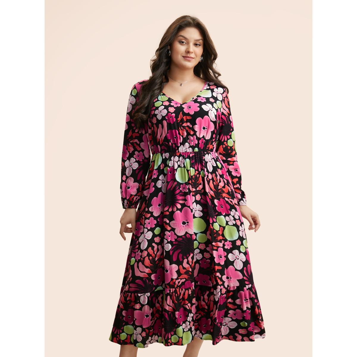 Plus Size Floral V Neck Lantern Sleeve Dress Black Women Elegant Non V-neck Long Sleeve Curvy BloomChic 30/6X Product Image