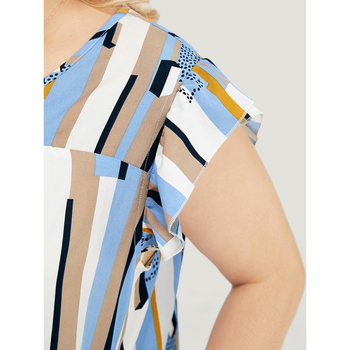 Plus Size Geometric Print V Neck Pocket Flutter Cap Sleeve Midi Dress Multicolor Women Elegant Ruffles V-neck Cap Sleeve Curvy Knee Dress BloomChic 30/6X Product Image