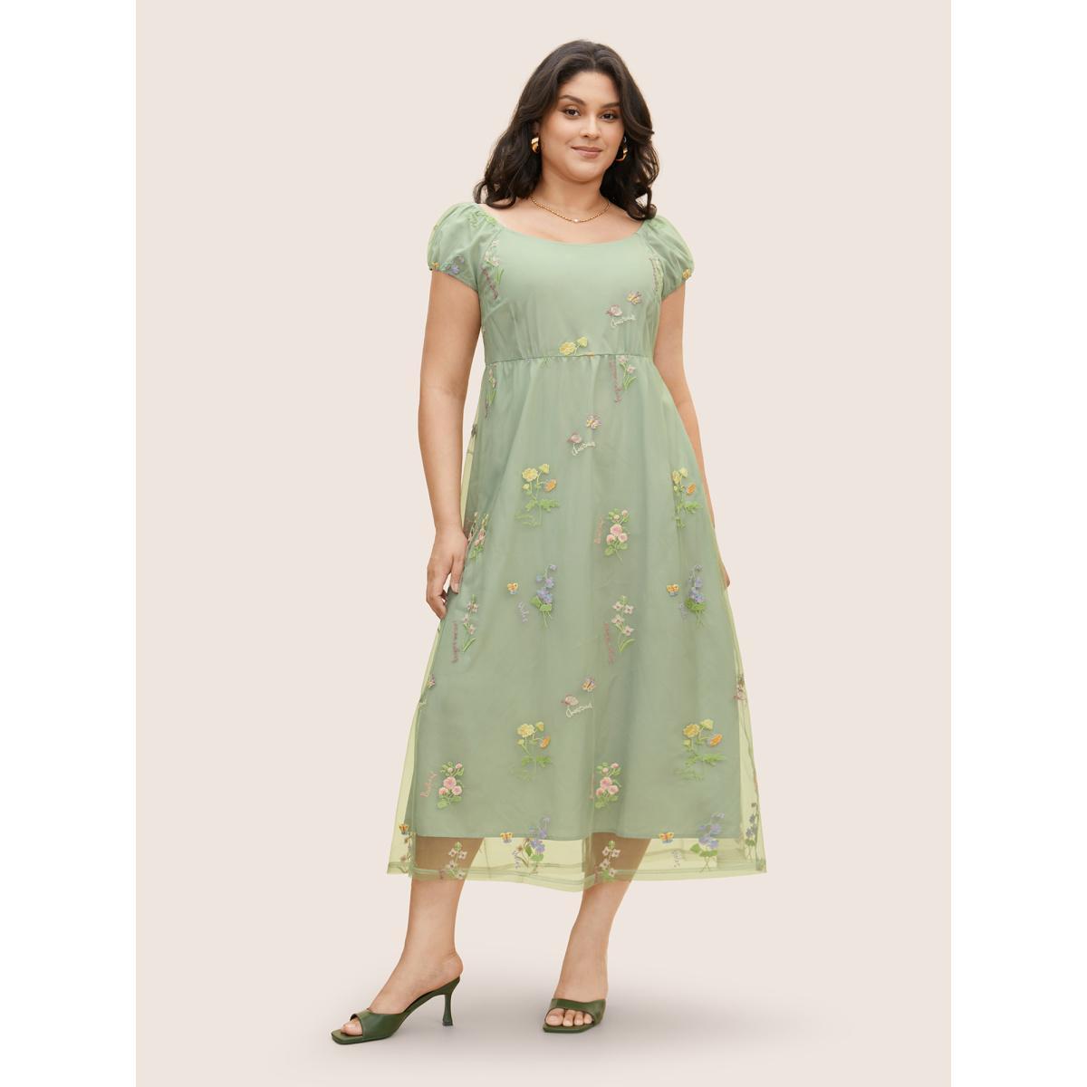 Plus Size Mesh Floral Embroidered Cap Sleeve Midi Dress Palemauve Women Elegant Texture Round Neck Cap Sleeve Curvy BloomChic 10/M Product Image