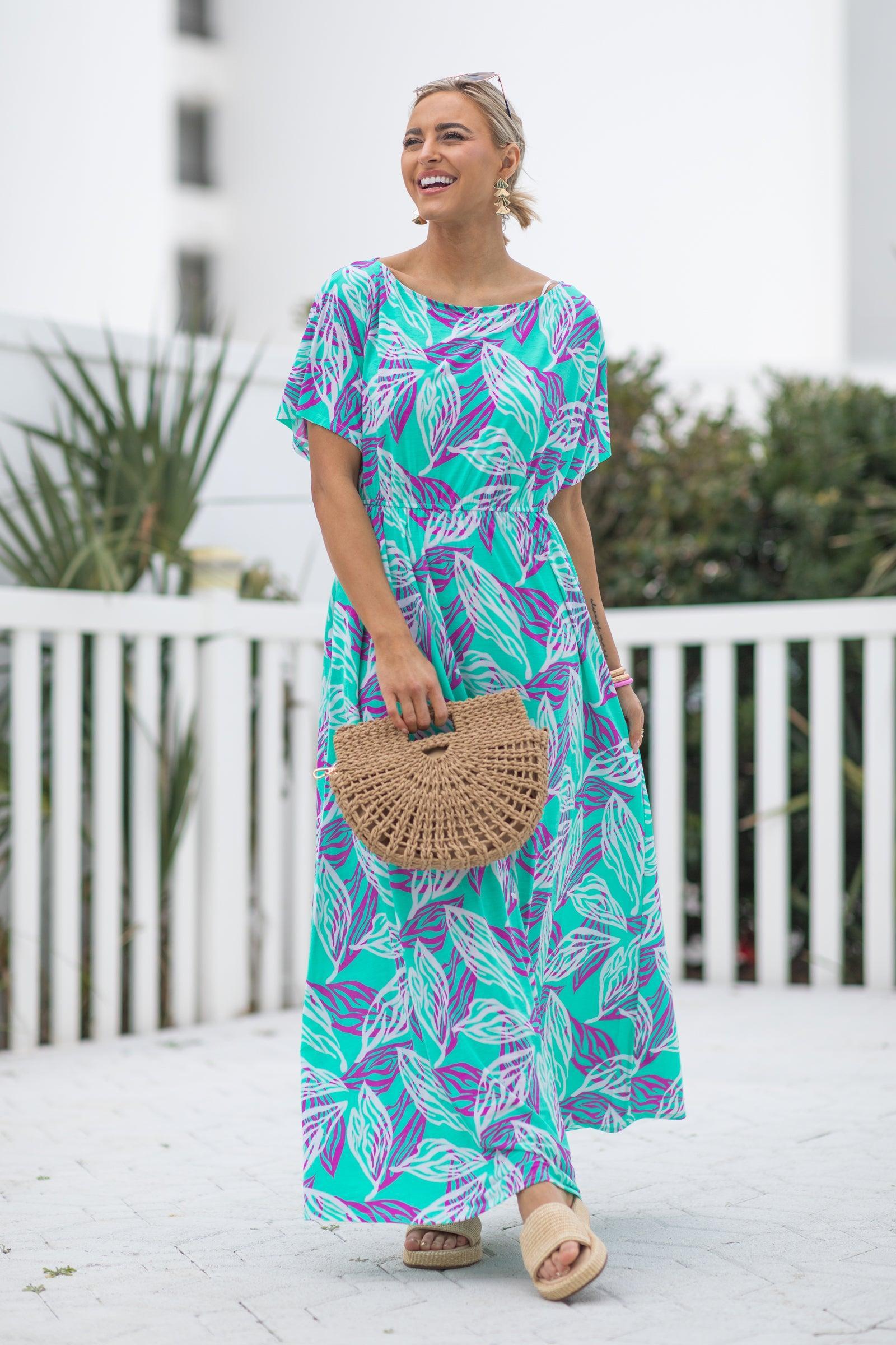 Mint Flower Print Boat Neck Maxi Dress Product Image