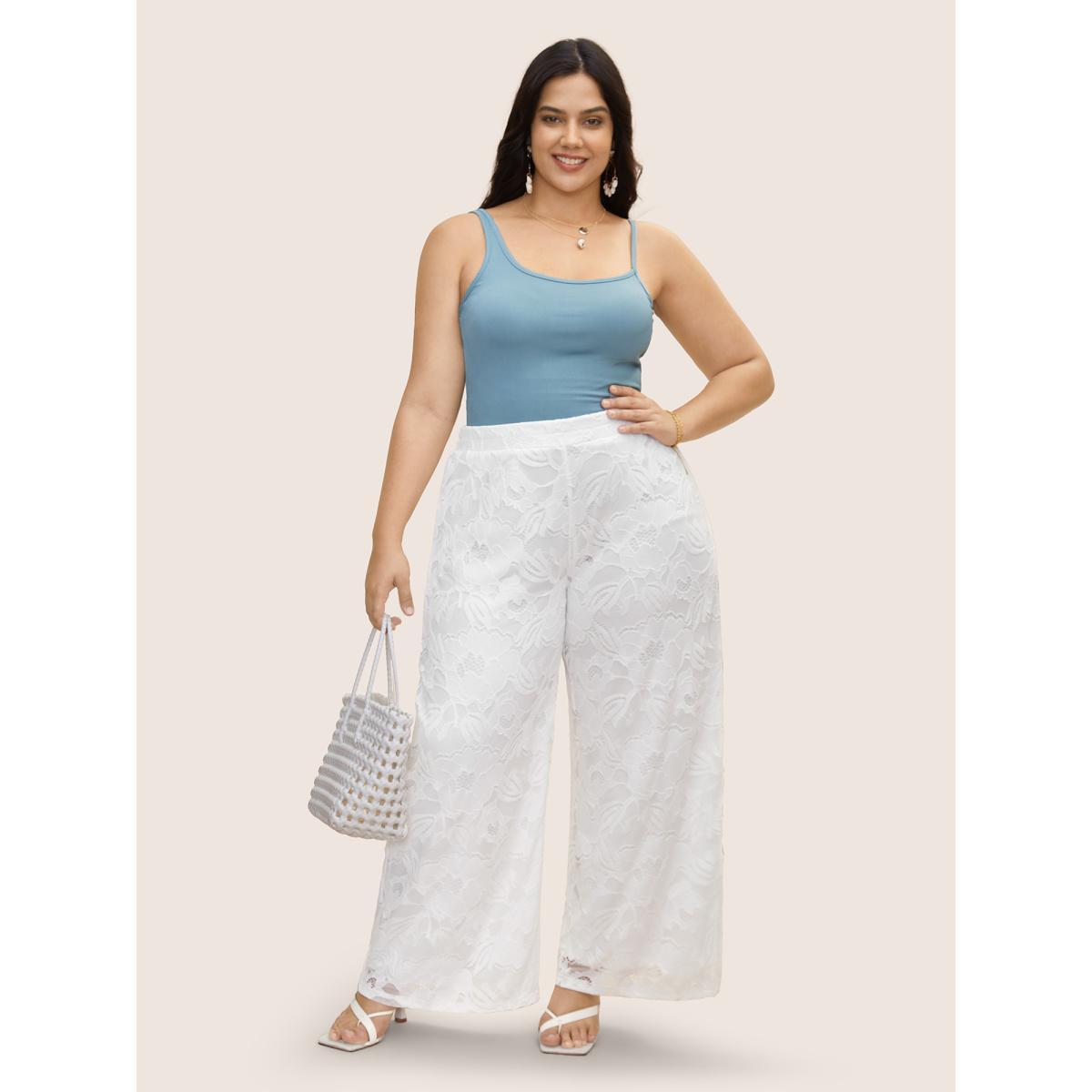 Plus Size Crochet Lace Mesh Wide Leg Pants Women WhiteSmoke Resort Wide Leg Mid Rise Vacation Pants BloomChic 22-24/3X Product Image