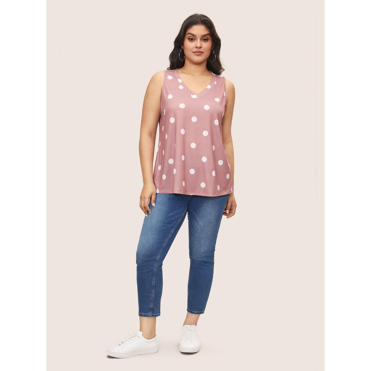 Plus Size Polka Dot V Neck Tank Top Women Pink Casual V-neck Everyday Tank Tops Camis BloomChic 12/L Product Image