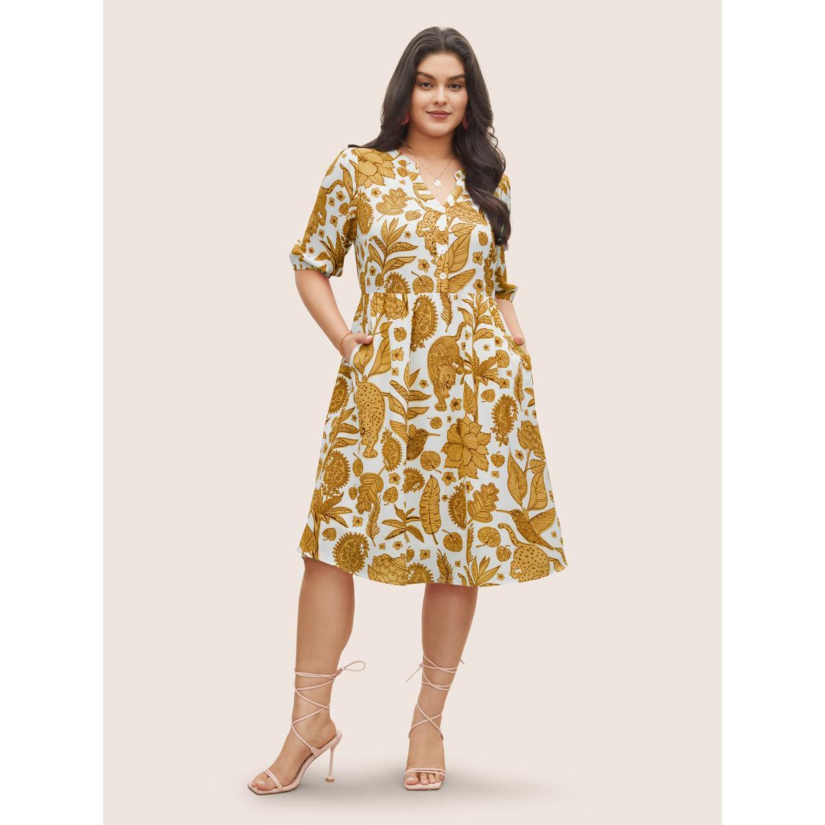 Plus Size Plants & Animal Print Notched Lantern Sleeve Dress Yellow Women Resort Non Notched collar Short sleeve Curvy Midi Dress BloomChic 18-20/2X Product Image