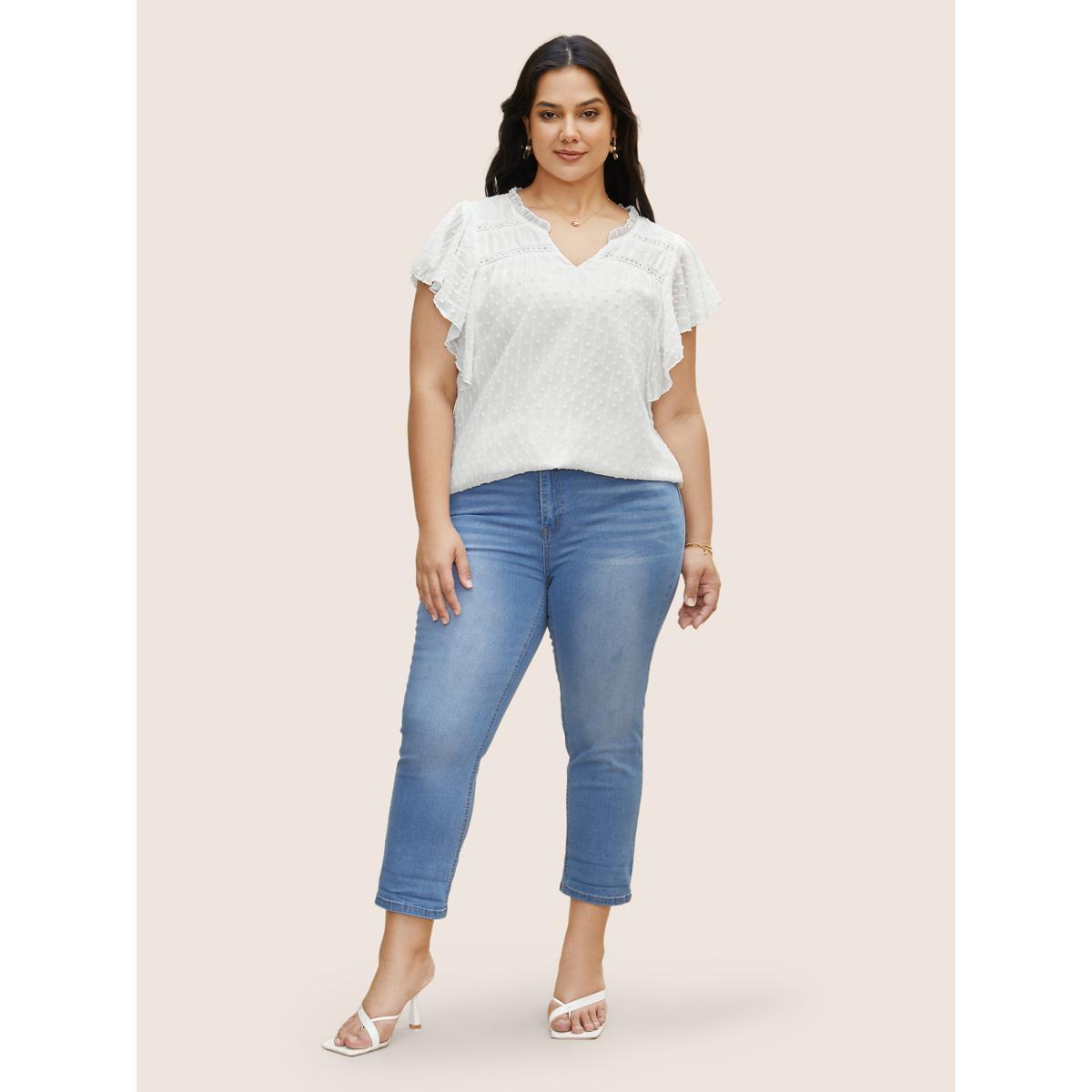 Plus Size Ivory Plain Textured Chiffon Ruffle Cap Sleeve Blouse Women Elegant Cap Sleeve V-neck Everyday Blouses BloomChic 28/5X Product Image