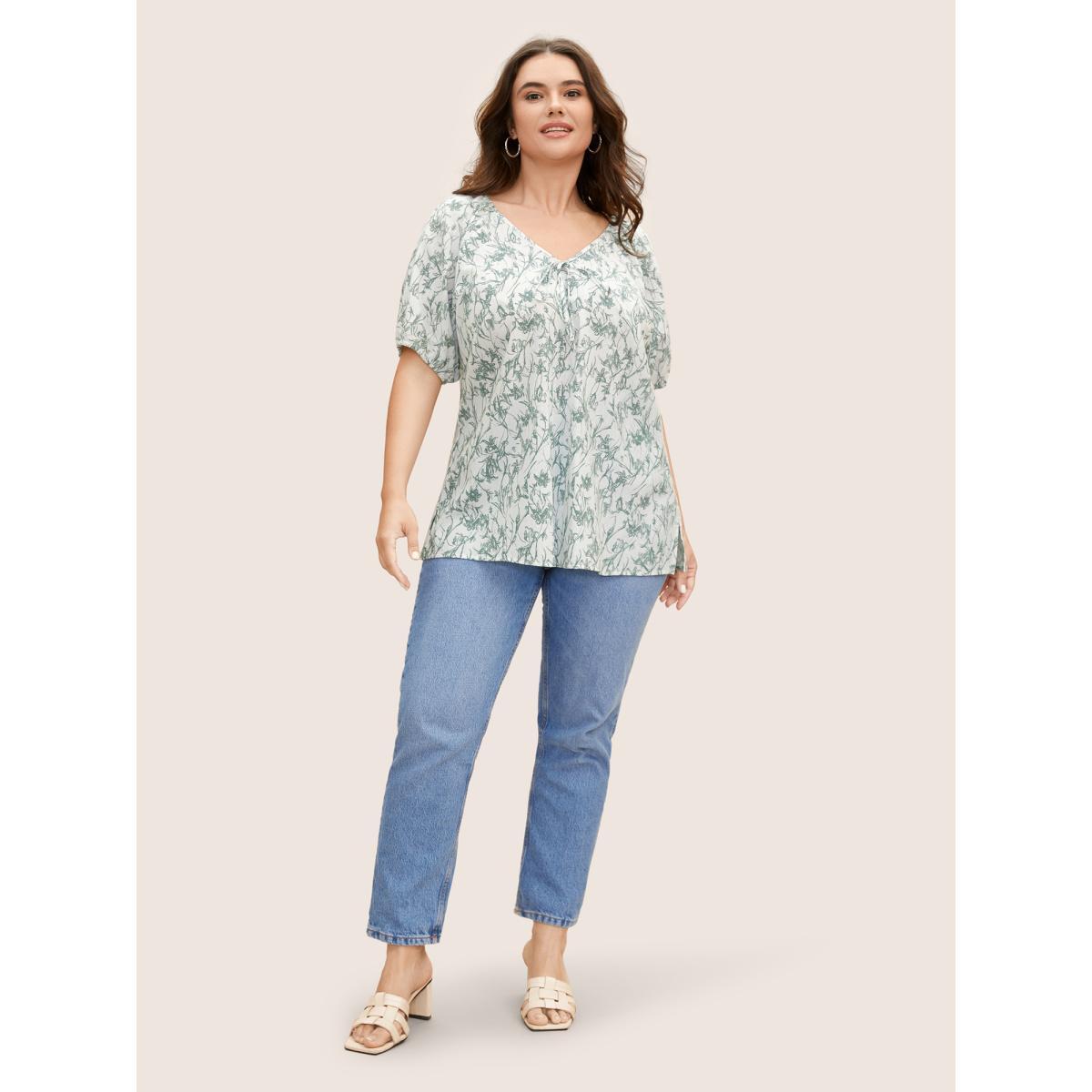 Plus Size Palemauve Linen Blend Natural Flowers Tie Knot Blouse Women Casual Short sleeve V-neck Everyday Blouses BloomChic 10/M Product Image
