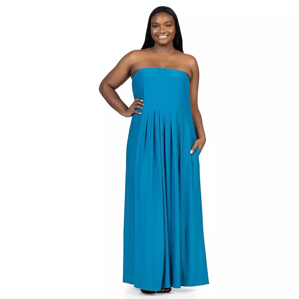 Plus Size 24Seven Comfort Apparel Pleated A Line Strapless Maxi Dress With Pockets, Women's, Size: 3XL, Green Product Image