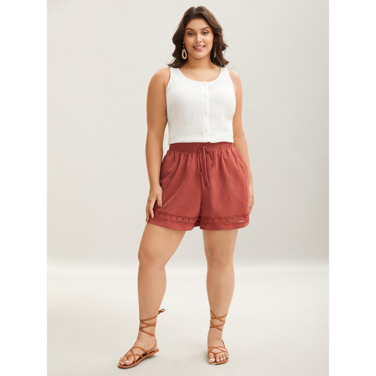 Plus Size Lace Trim Waist-Tie Shorts Women Russet Elegant Cut-Out Straight Leg Everyday-Elegant Shorts BloomChic 14-16/1X Product Image
