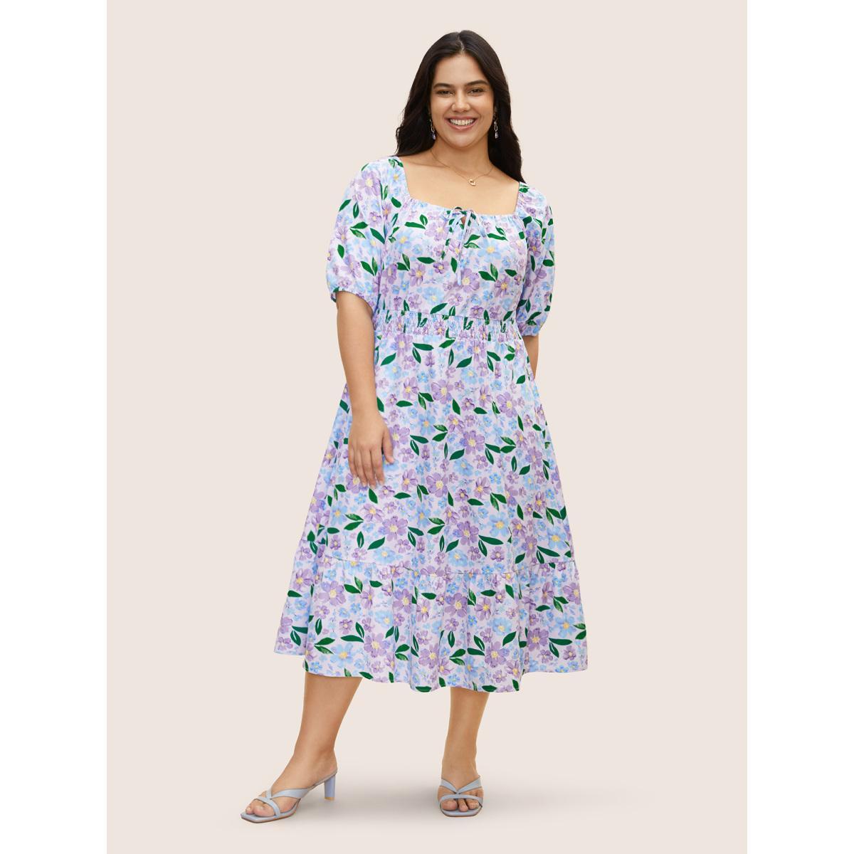 Plus Size Floral Tie Knot Lantern Sleeve Midi Dress Lilac Women Elegant Tie knot Square Neck Short sleeve Curvy BloomChic 26/4X Product Image
