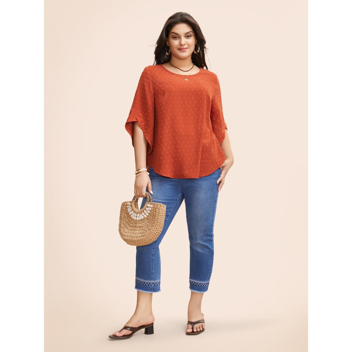 Plus Size OrangeRed Textured Round Neck Bell Sleeve Blouse Women Elegant Elbow-length sleeve Round Neck Everyday Blouses BloomChic 22-24/3X Product Image