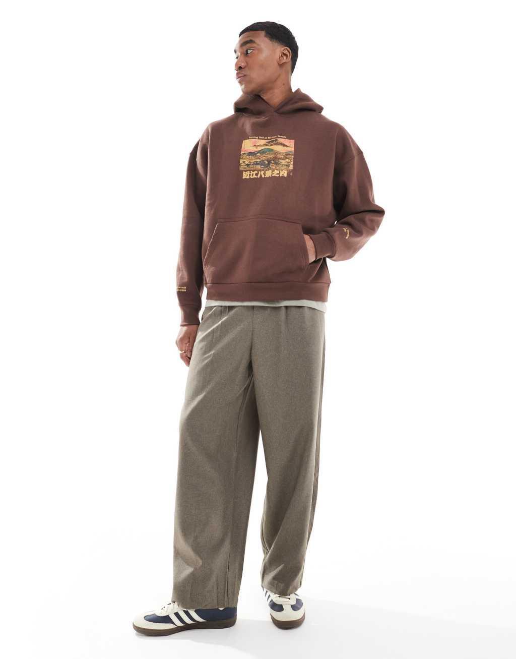 Pull&Bear mountain back printed hoodie in brown  Product Image
