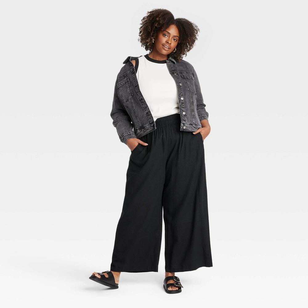 Womens High-Rise Wide Leg Linen Pull-On Pants - Ava & Viv Black XXL: Lightweight, Elastic Waist, Side Pocket Product Image