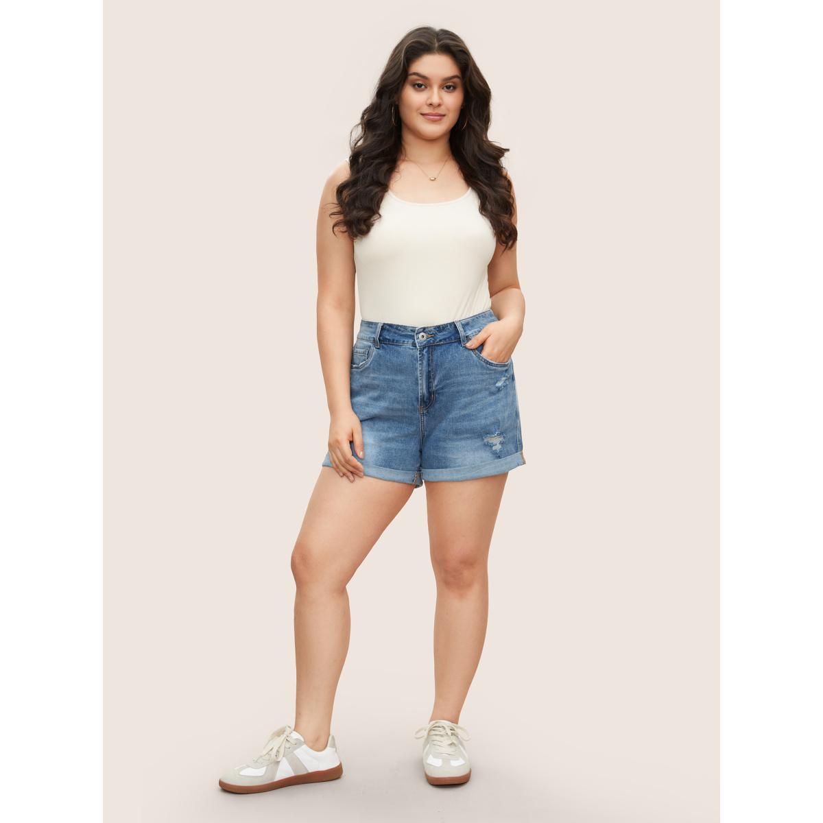 Plus Size Skinny Very Stretchy Light Wash Roll Hem Distressed Denim Shorts Women Blue High stretch Everyday Slanted pocket Casual Denim Shorts BloomChic 10/M Product Image